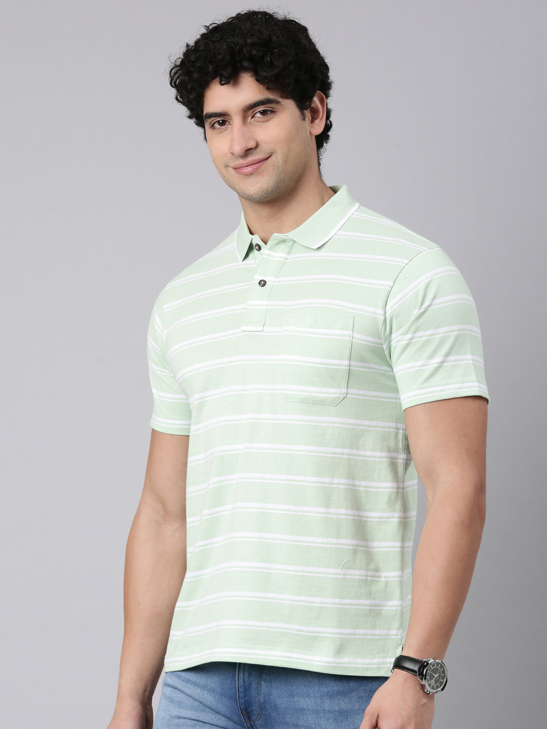 Classic Polo Men's Half Sleeve Light Green Polo Neck Authentic Fit Striped Cotton T-Shirt | FEEDERS - 302 B AF P