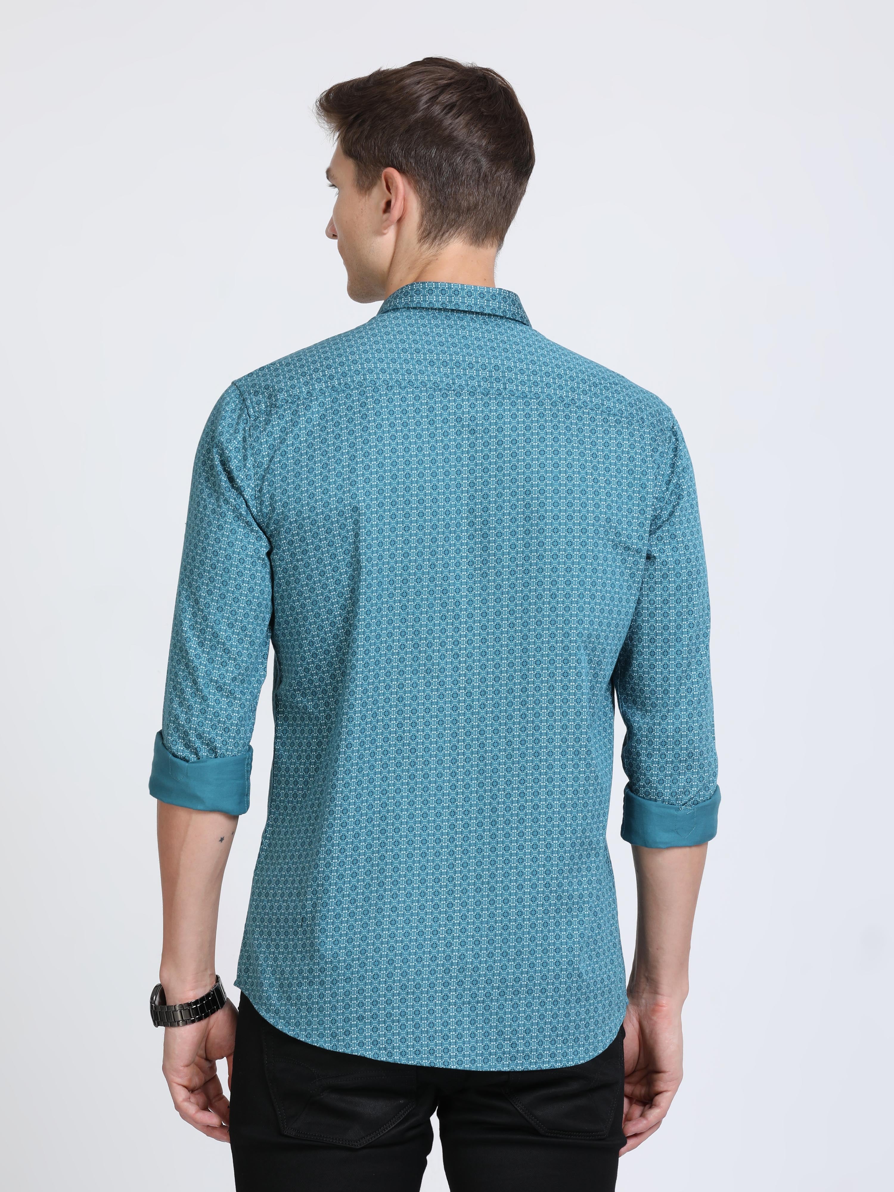 Classic Polo Mens Pure Cotton Polo Neck Printed Full Sleeves Turquoise Color Woven Shirt | So2-171 A-Fs-Prt-Sf