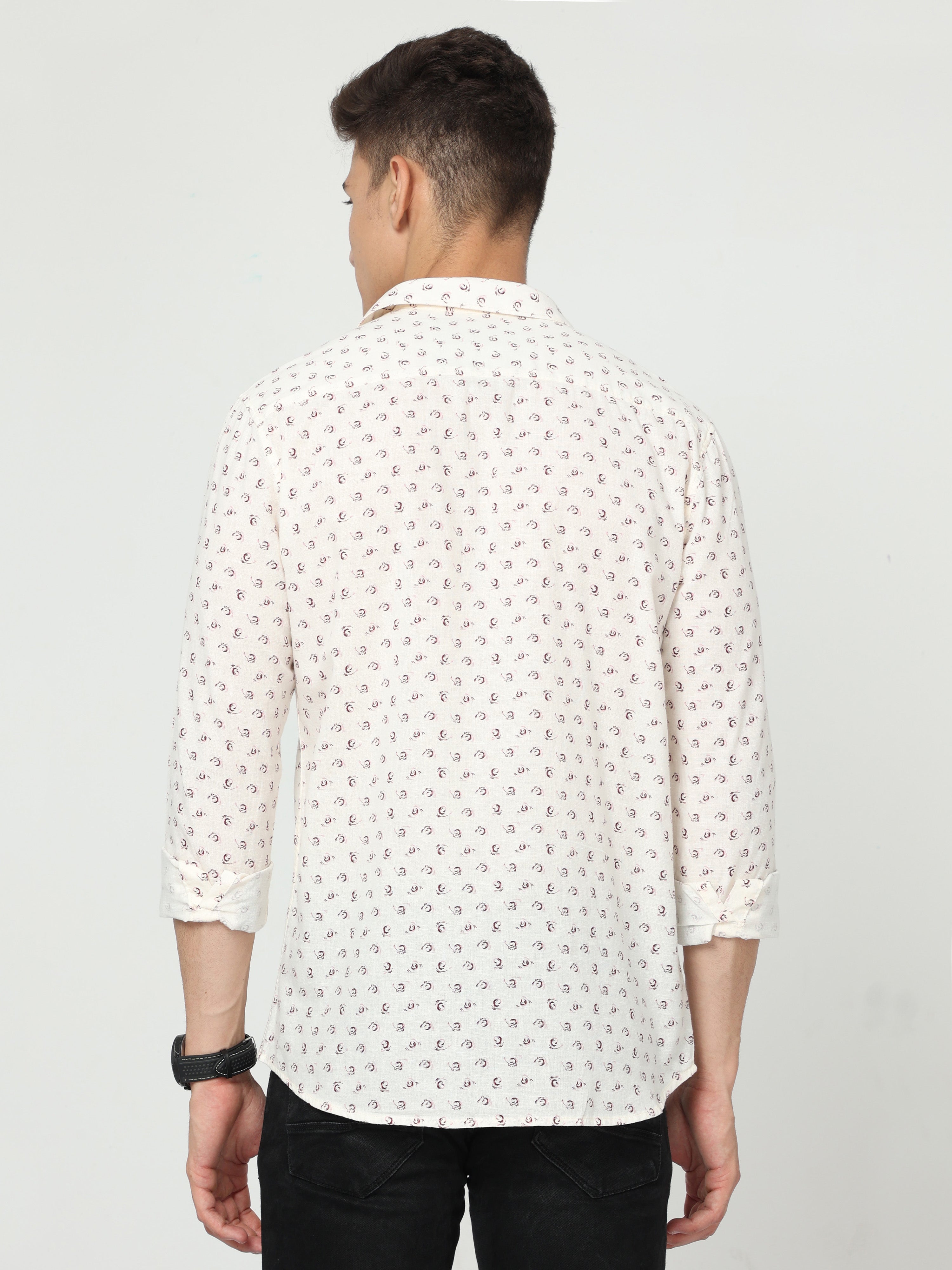 Classic Polo Mens Cotton Full Sleeve Printed Slim Fit Polo Neck Cream Color Woven Shirt | SO1-14 B-FS-PRT