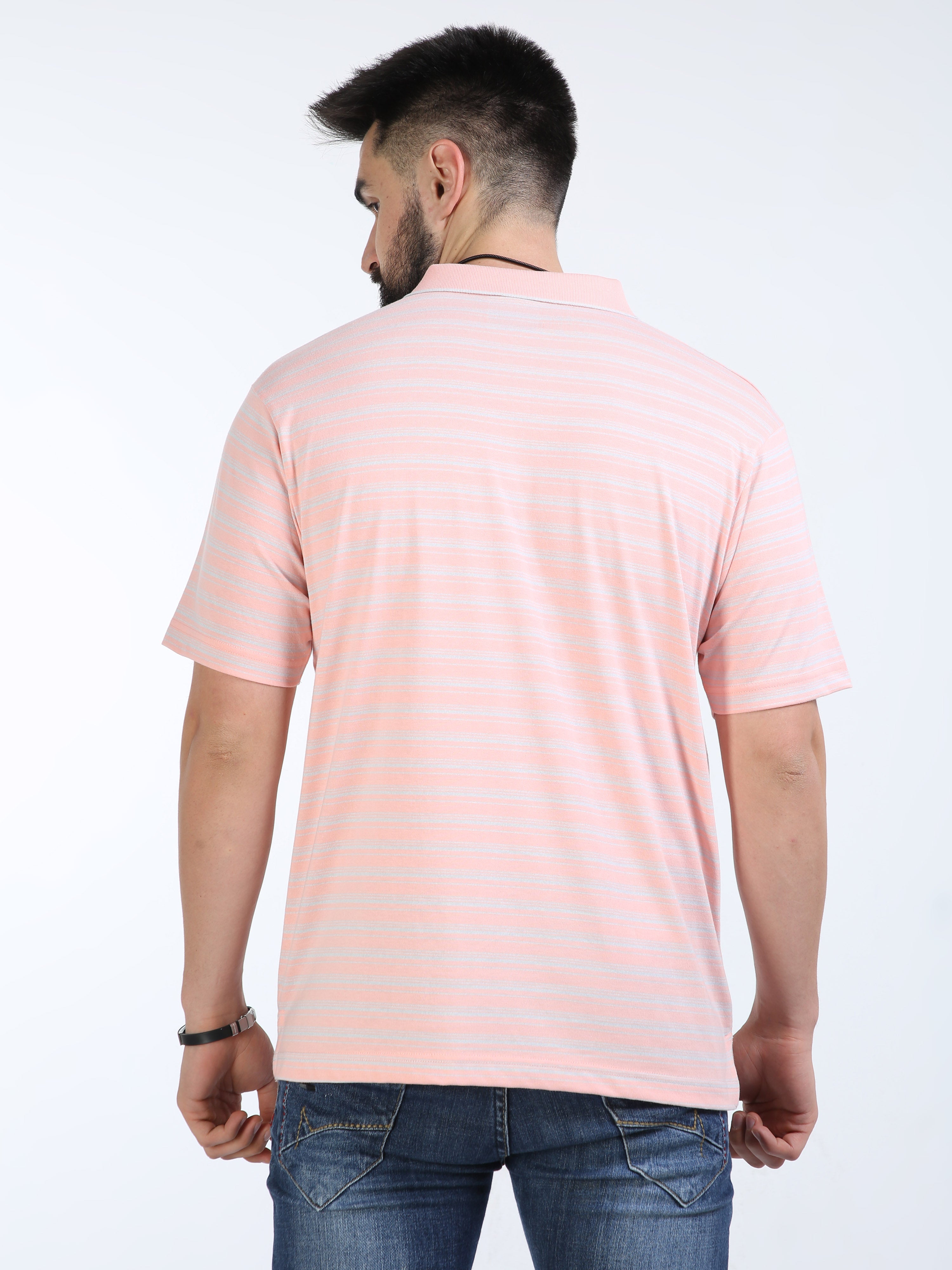 Classic Polo Mens Cotton Half Sleeves Striped Authentic Fit Polo Neck Pink Color T-Shirt | Feeders-233 B Af P