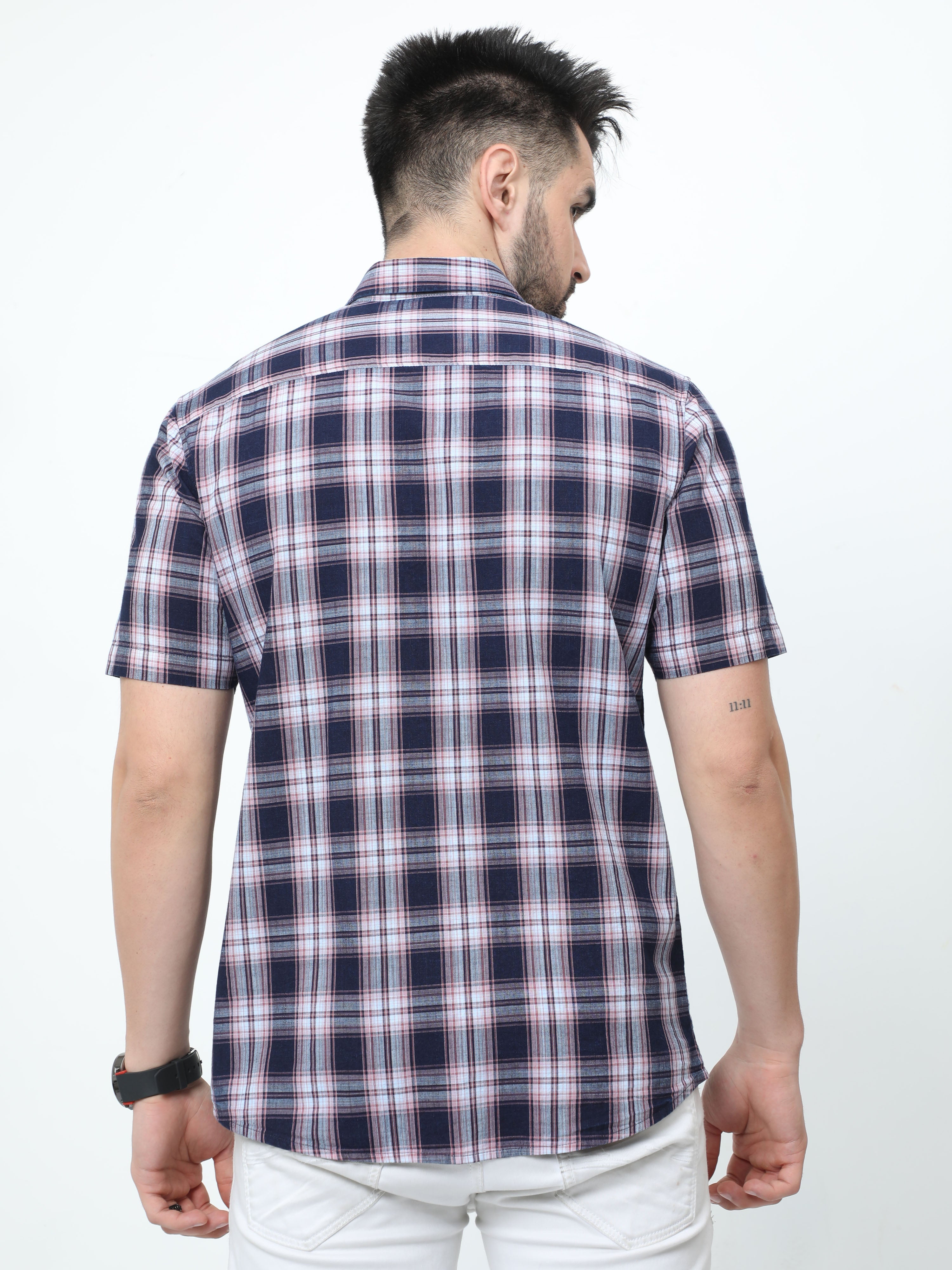 Classic Polo Mens Pure Cotton Half Sleeves Checked Slim Fit Polo Neck Black Color Woven Shirt | So2-174 A-Hs-Chk-Sf