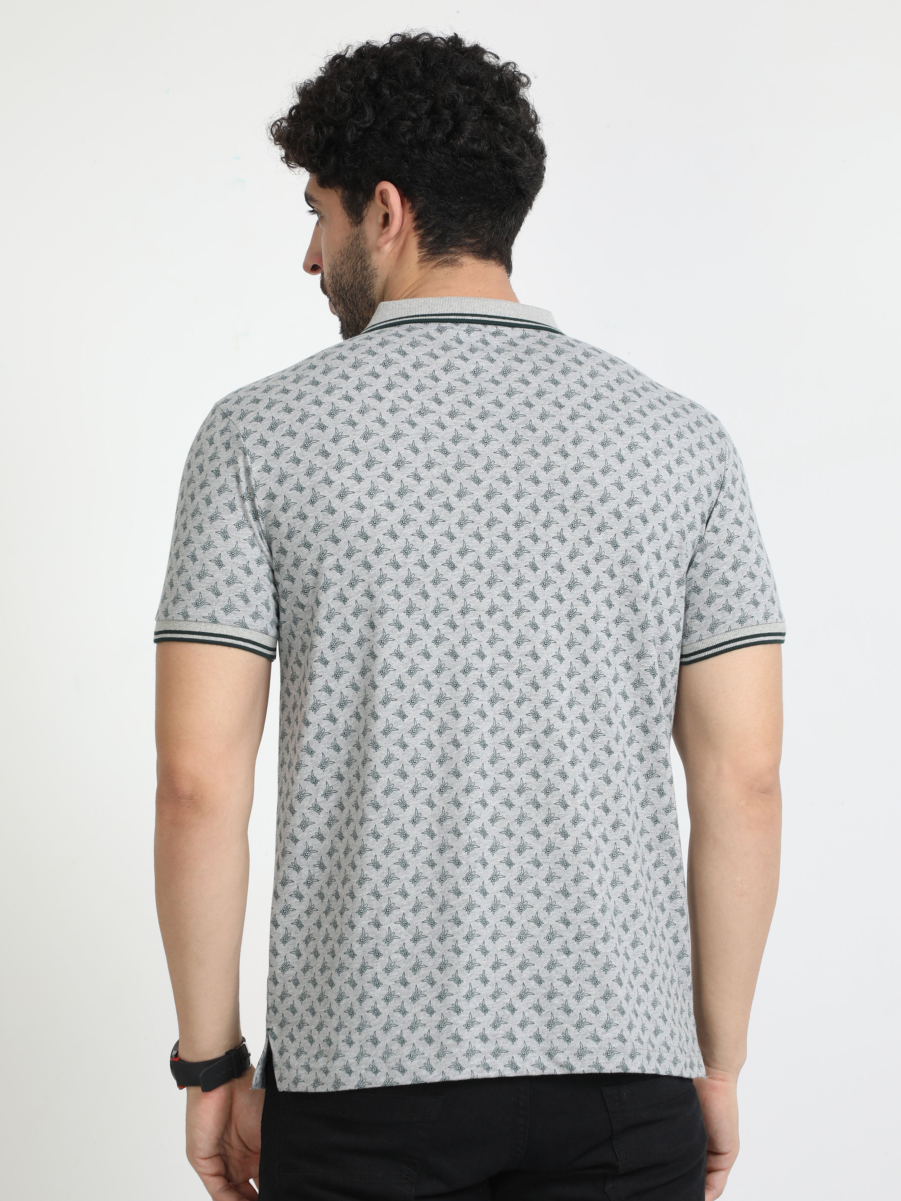Classic Polo Mens Cotton Half Sleeves Floral Slim Fit Polo Neck Grey Color T-Shirt | Bello - 226 A Sf P