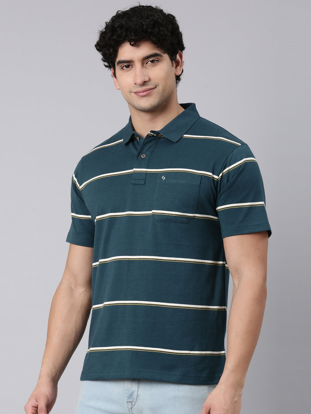 Classic Polo Men's Half Sleeve Dark Green Polo Neck Authentic Fit Striped Cotton Blend T-Shirt | AVON - 669 B AF P