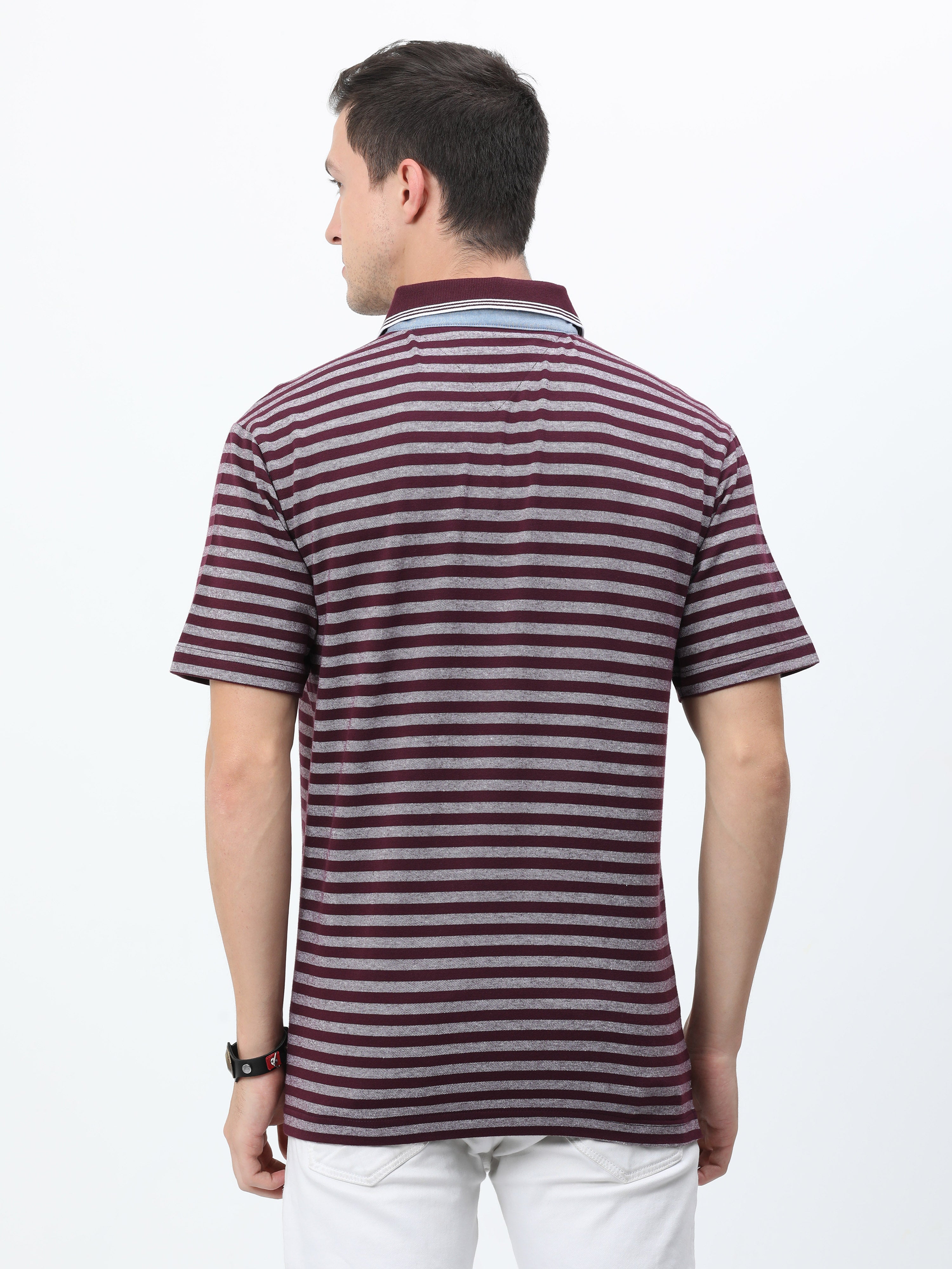 Classic Polo Mens Cotton Half Sleeves Striped Authentic Fit Polo Neck Maroon Color T-Shirt | Rare - 09 B Af P