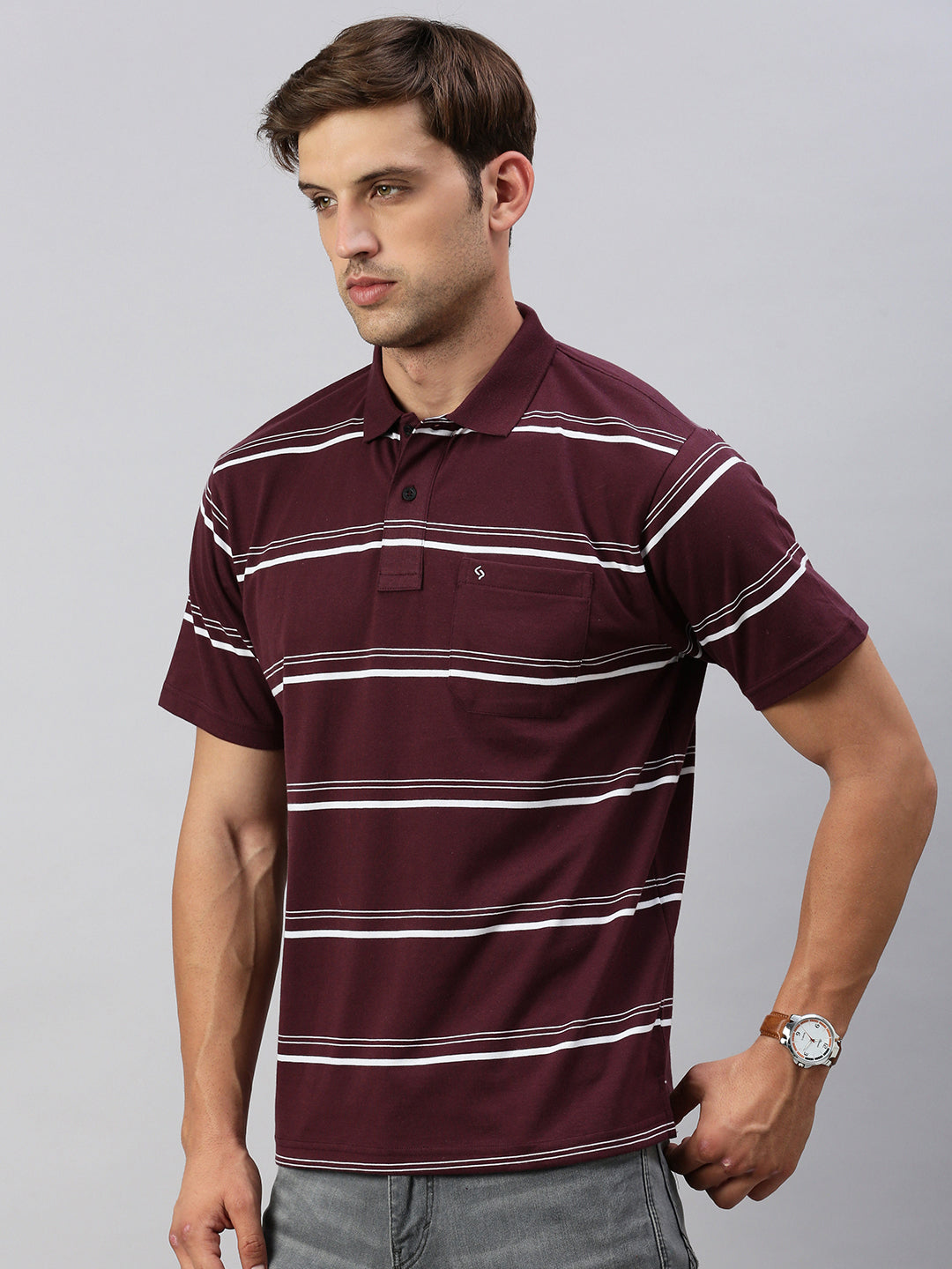 Classic Polo Men's Half Sleeve Burgundy/White Polo Neck Cotton Authentic Fit T Shirt | AVON - 579 A AF P
