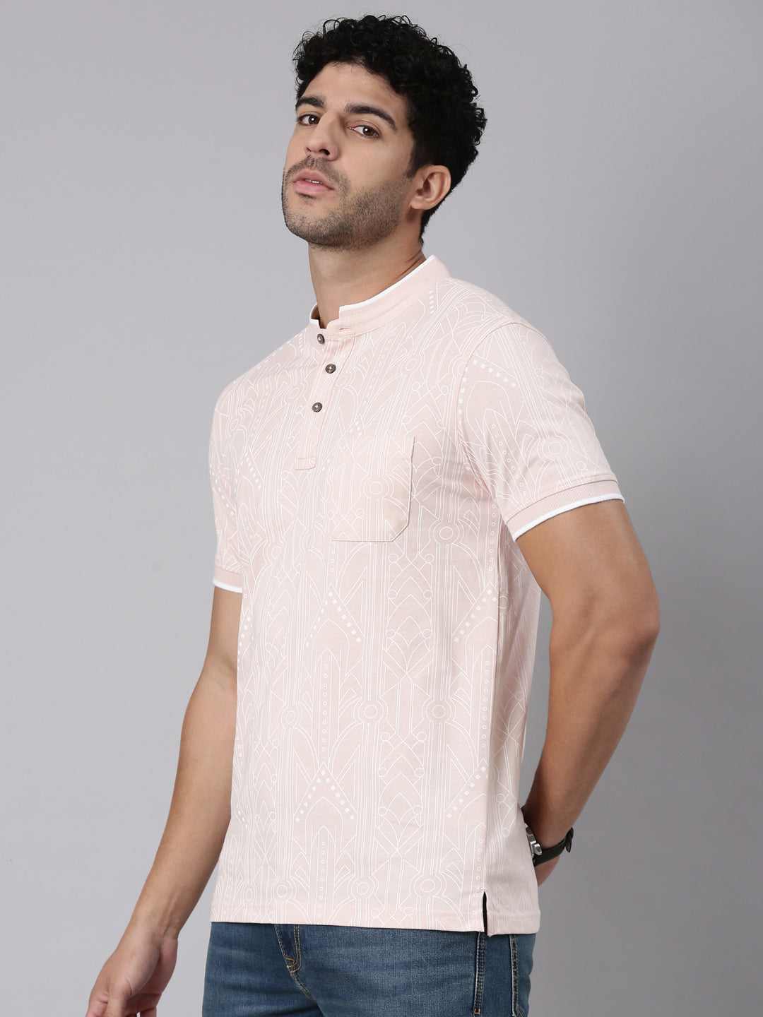Classic Polo Men's Half Sleeve Light Pink Mandarin Collar Slim Fit All-Over Print Cotton T-Shirt | LTS-AOP - 118 A SF P