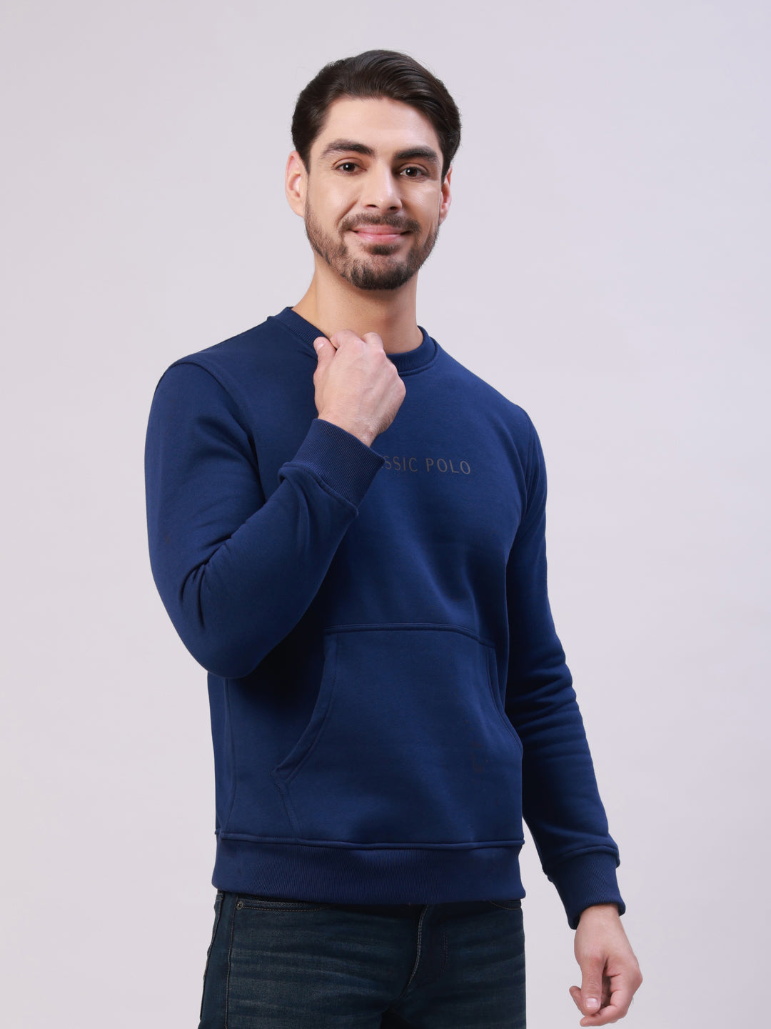 Classic Polo Men's Navy Blue Crew Neck Pull Over Solid Kangaroo Pocket Sweatshirt | CPSS - 514 A