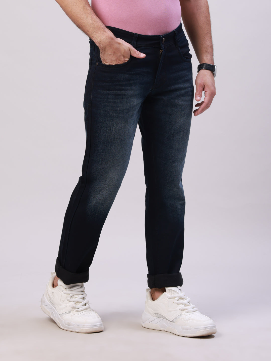 Classic Polo Men's Dark Navy Blue Solid Cotton Slim Fit Jeans | LDMQ2-08-D.NVY-SF