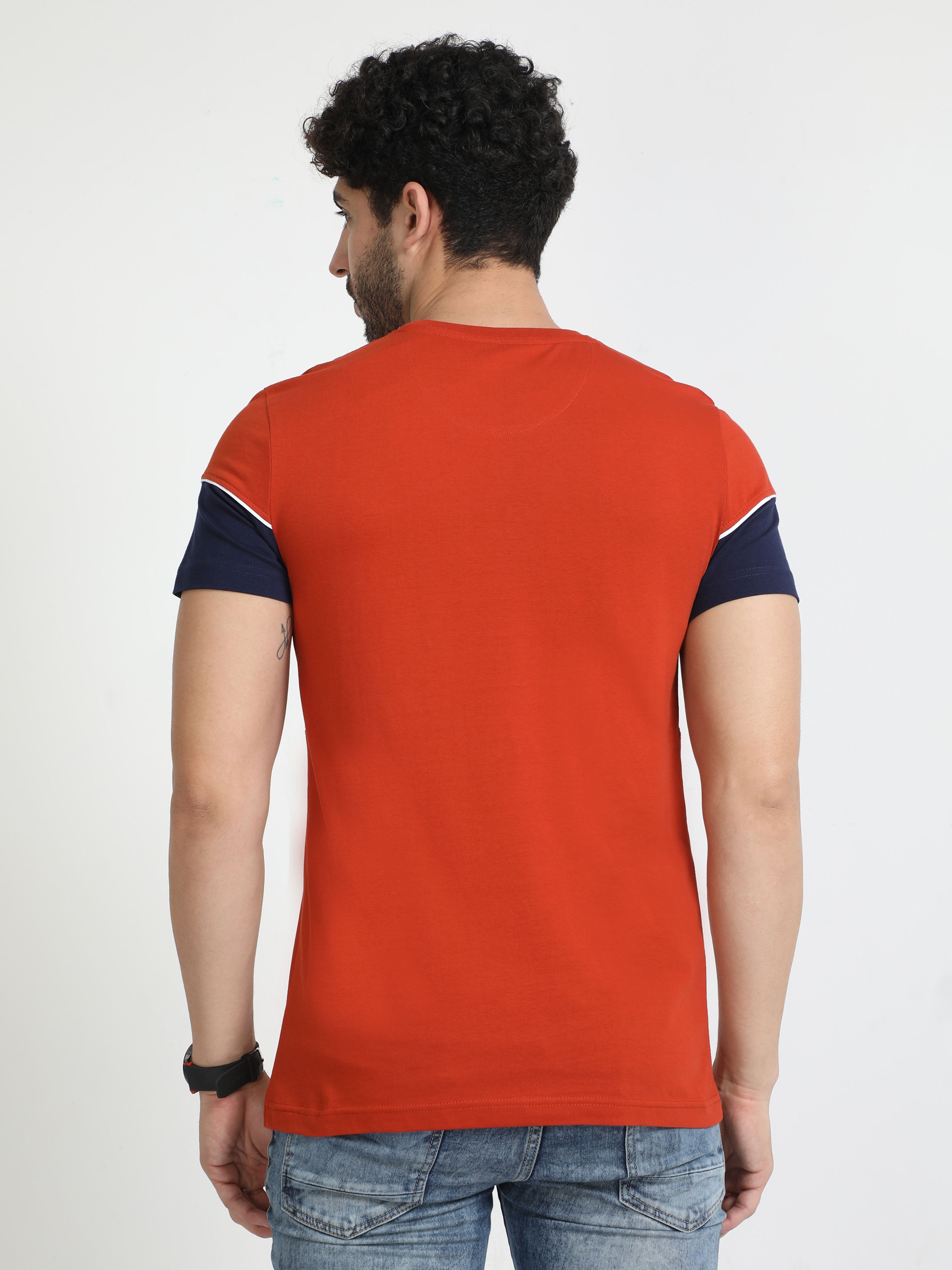 Classic Polo Mens Cotton Half Sleeves Colour Blocked Slim Fit Crew Neck Orange Color T-Shirt | Brcn - 548 B Sf C