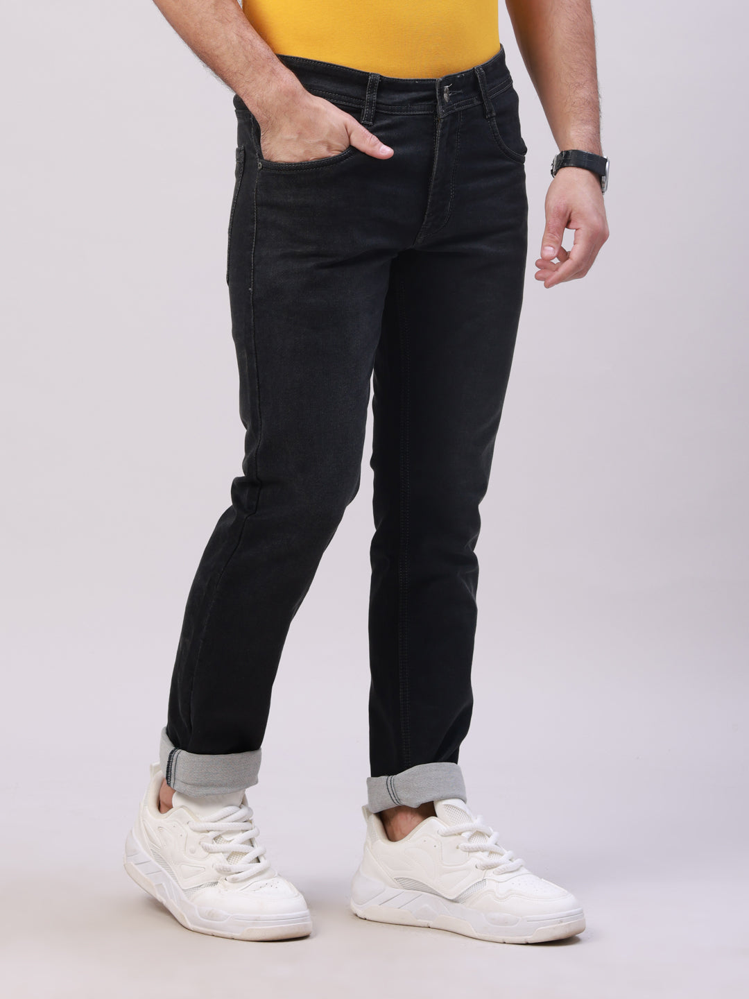 Classic Polo Men's Black Solid Cotton Slim Fit Jeans | CPDQ2-39-MNT-SF