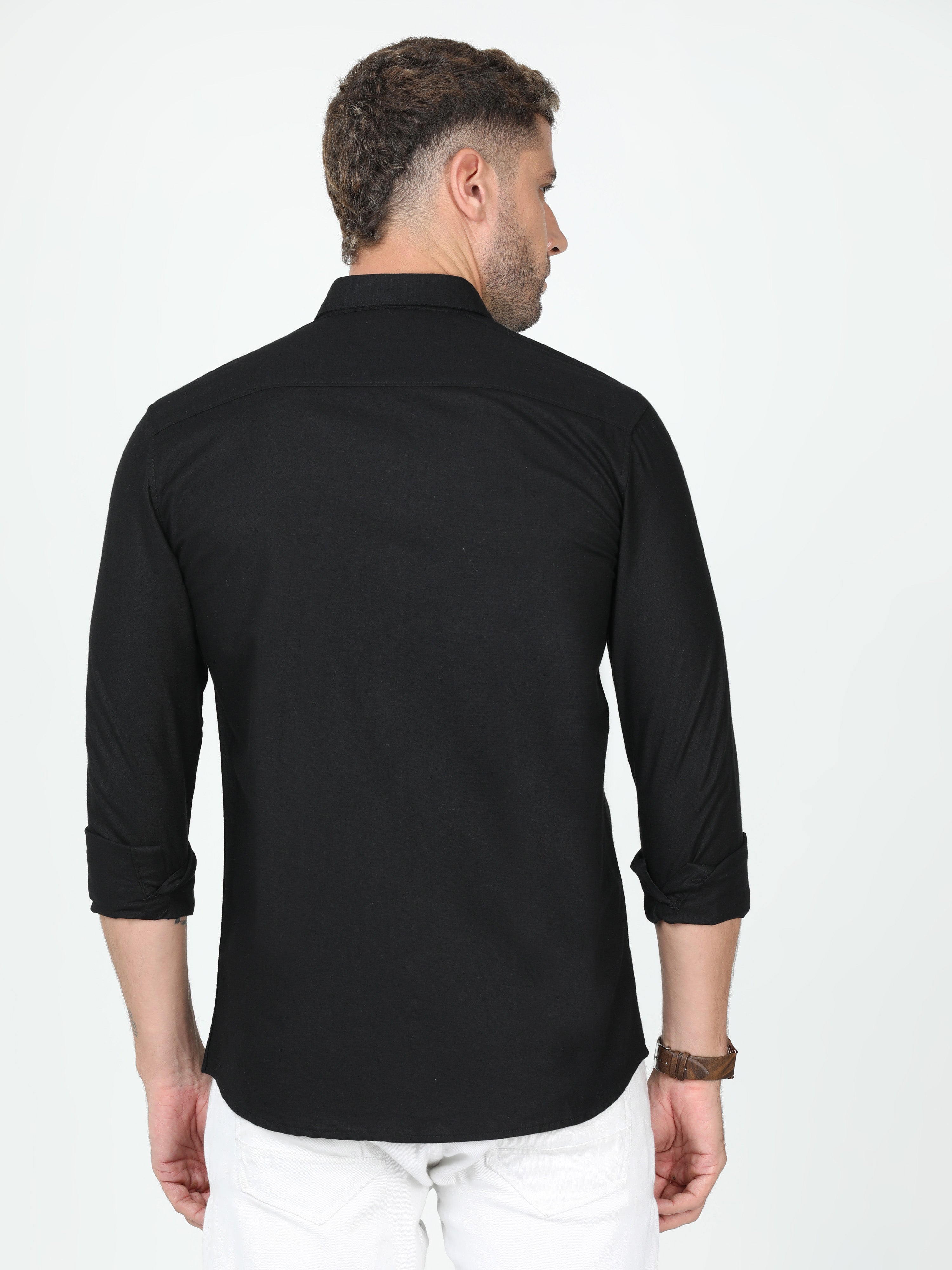 Classic Polo Mens Linen Cotton Full Sleeve Slim Fit Polo Neck Black Color Woven Shirt | Linen - 26 E-FS-SLD-SF
