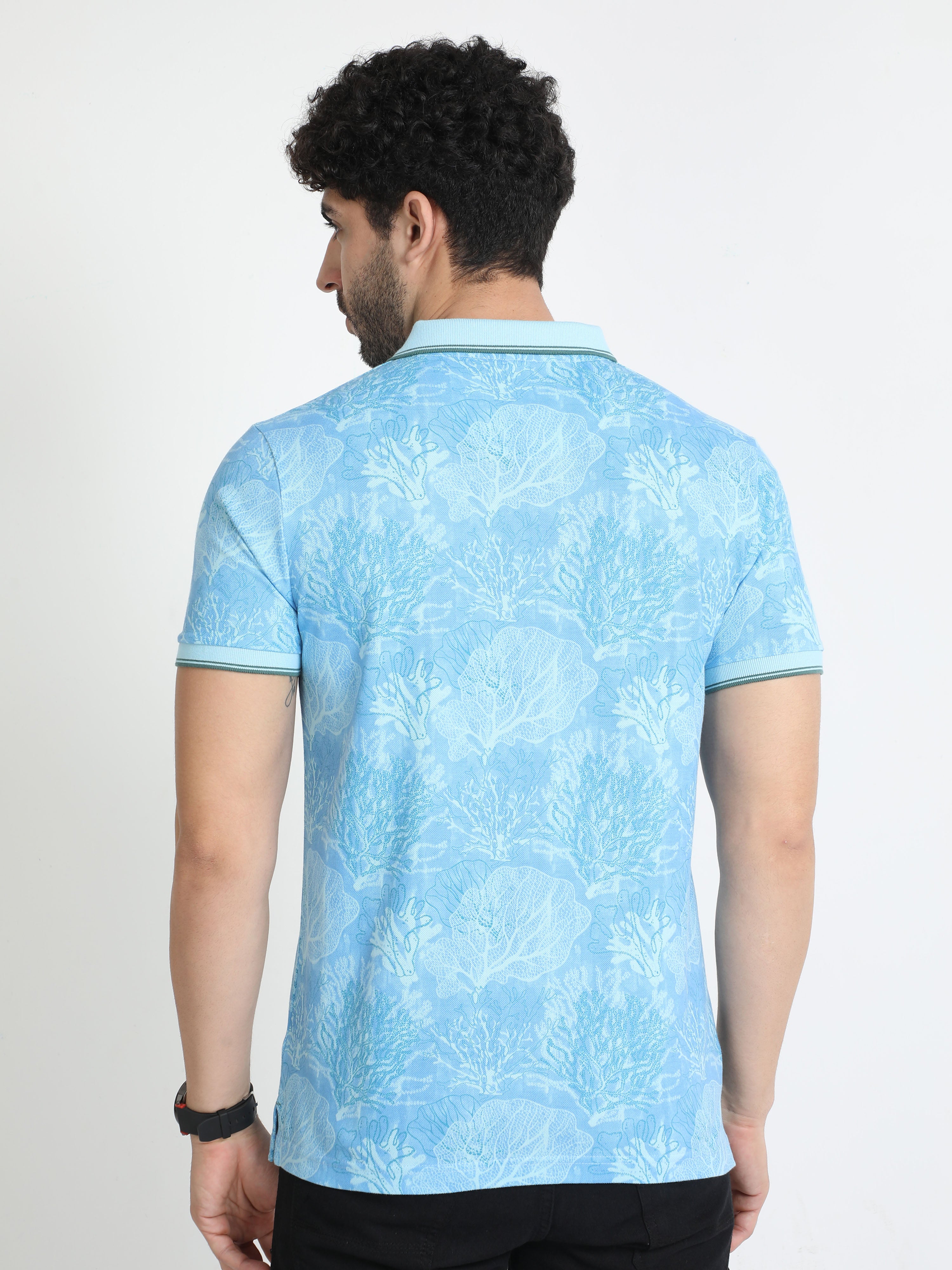 Classic Polo Mens Cotton Half Sleeves Floral Slim Fit Polo Neck Aqua Blue Color T-Shirt | Beau - 213 B Sf P