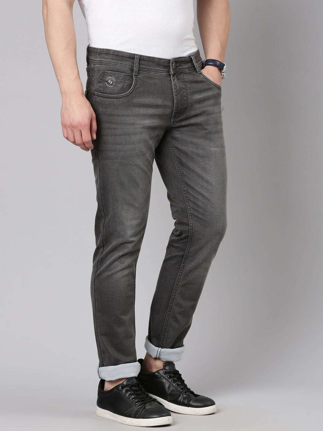 Classic Polo Men's Dark Grey Solid Cotton Slim Fit Jeans | LDMQ2-15-S.GRY-SF