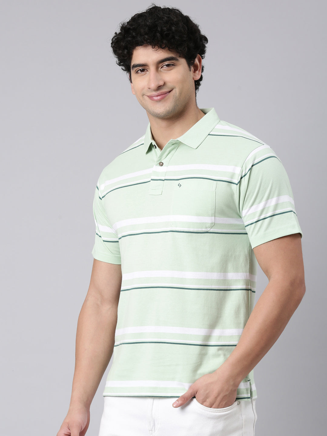 Classic Polo Men's Half Sleeve Light Green/White Polo Neck Authentic Fit Striped Cotton Blend T-Shirt | AVON - 655 B AF P