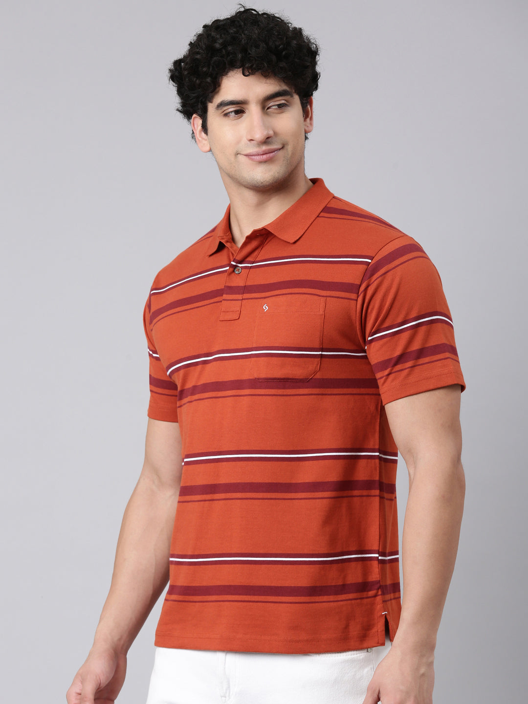 Classic Polo Men's Half Sleeve Rust Polo Neck Authentic Fit Striped Cotton Blend T-Shirt | AVON - 648 B AF P