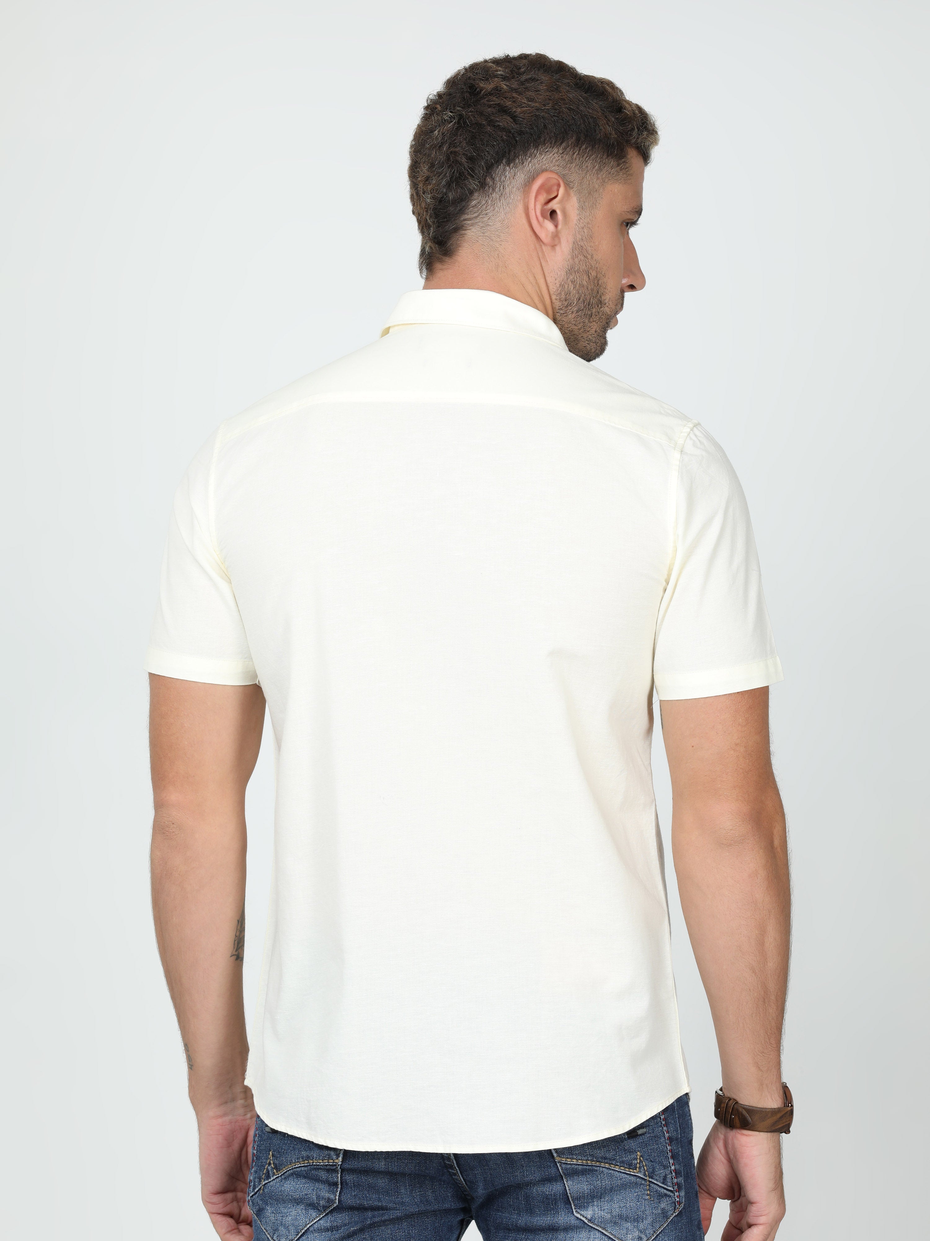 Classic Polo Mens Linen Cotton Half Sleeve Slim Fit Polo Neck Cream Color Woven Shirt | Linen - 12 B-HS-SLD-SF