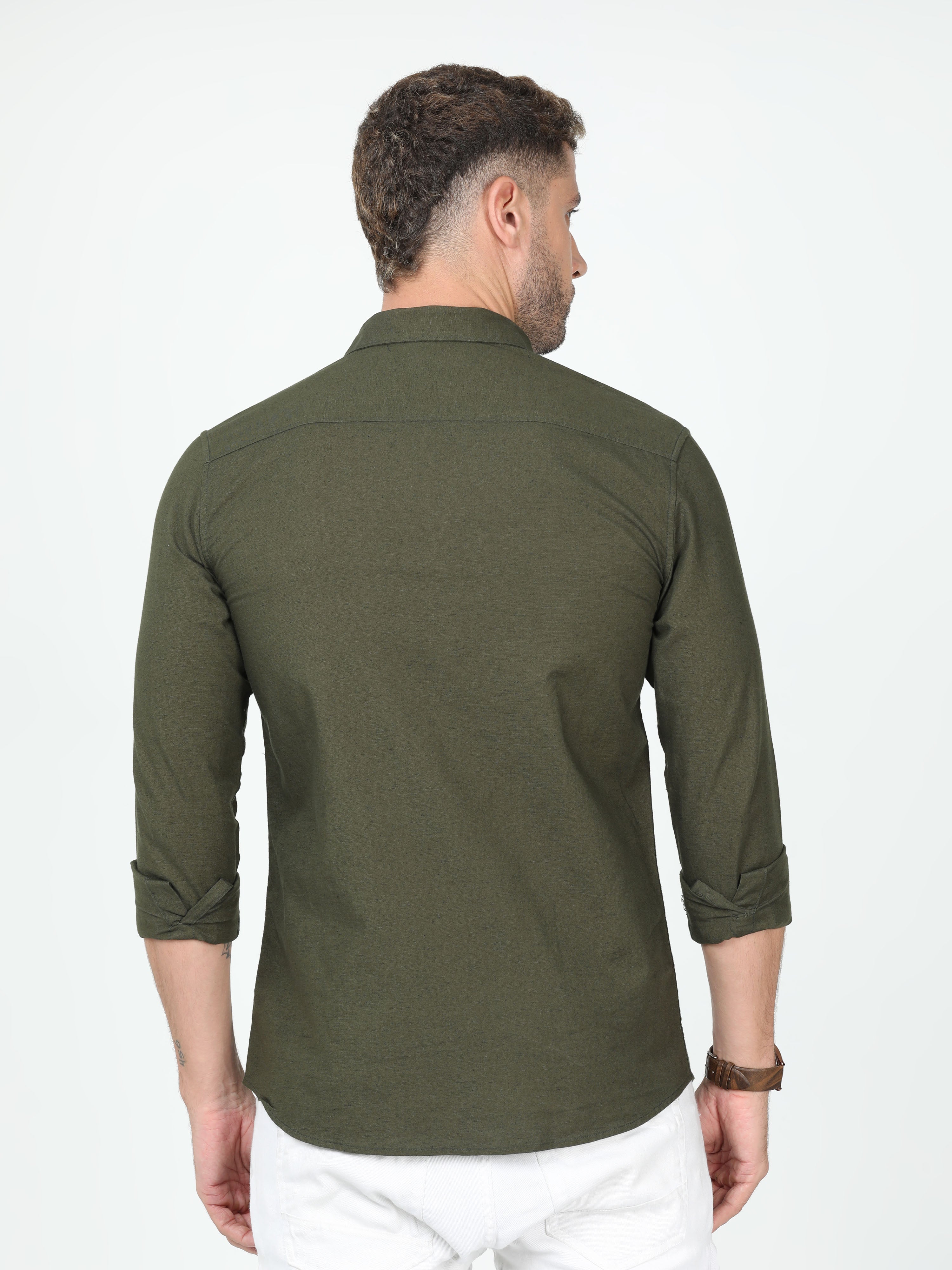 Classic Polo Mens Linen Cotton Full Sleeve Slim Fit Polo Neck Olive Color Woven Shirt | Linen - 26 D-FS-SLD-SF
