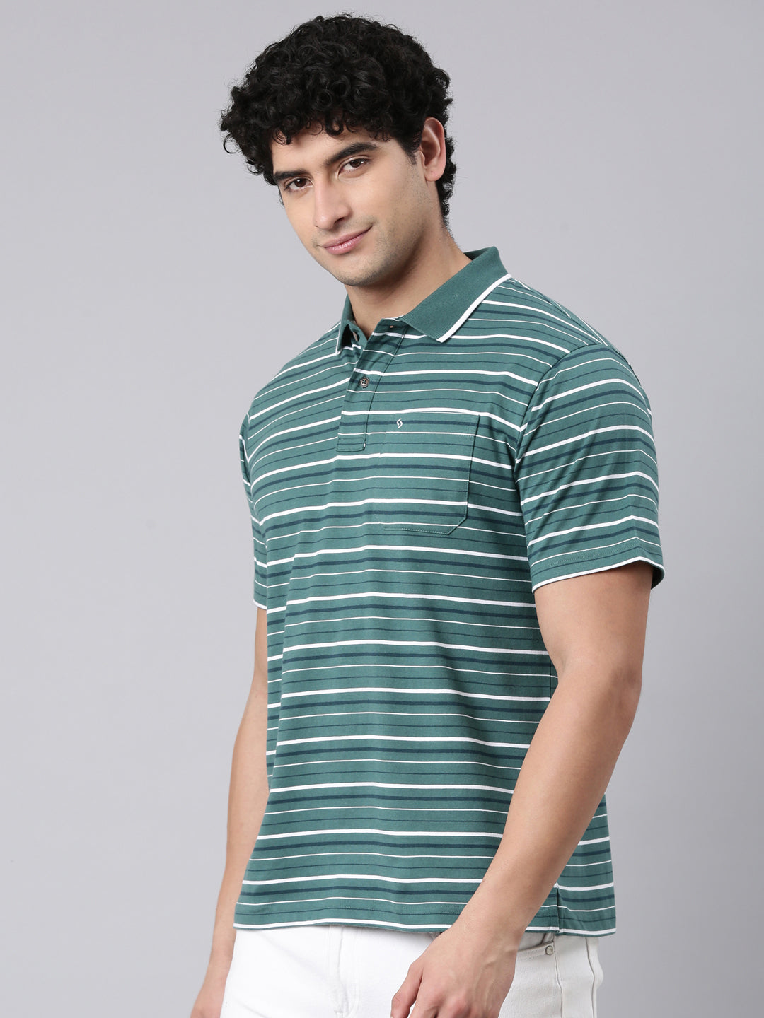 Classic Polo Men's Half Sleeve Green/White Polo Neck Authentic Fit Striped Cotton Blend T-Shirt | FEEDERS - 308 B AF P