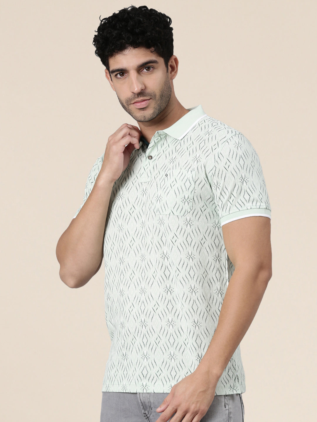 Classic Polo Men's Half Sleeve Light Green Polo Neck Slim Fit All-Over Print Cotton T-Shirt | BEAU - 307 B SF P