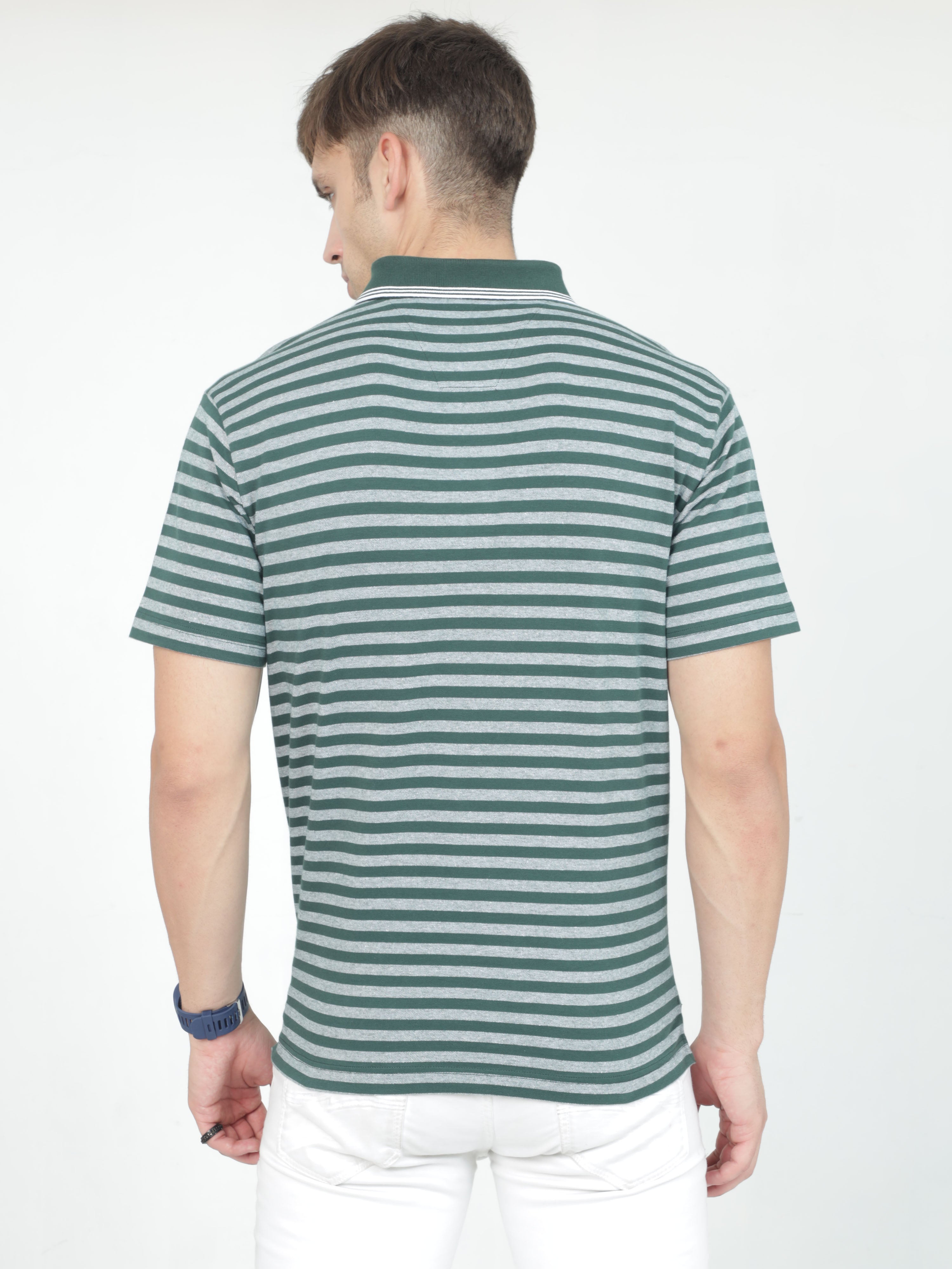 Classic Polo Mens Cotton Half Sleeves Striped Authentic Fit Polo Neck Green Color T-Shirt | Rare - 09 A Af P