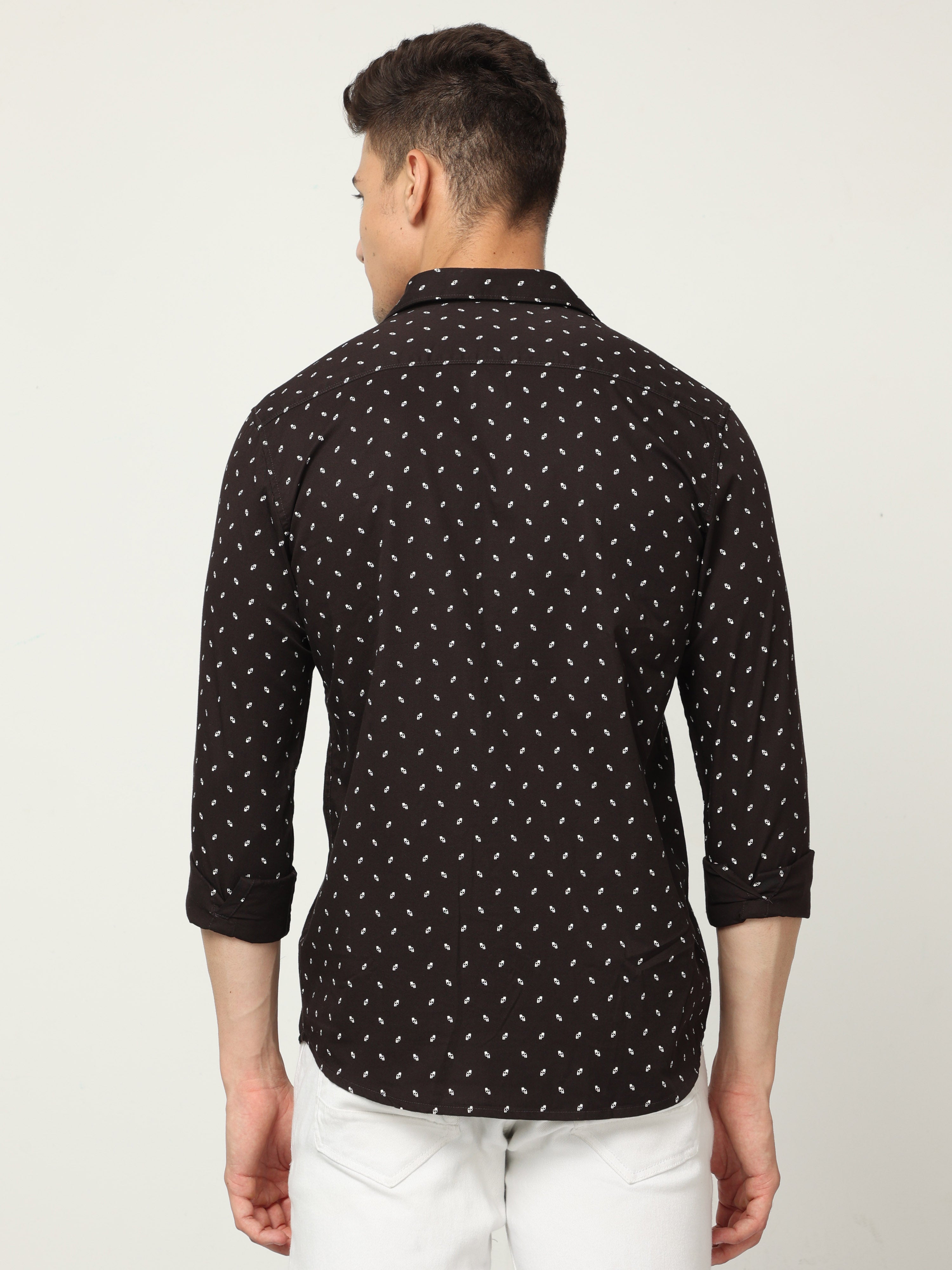 Classic Polo Mens Cotton Full Sleeve Printed Slim Fit Polo Neck Brown Color Woven Shirt | SO1-174 B-FS-PRT