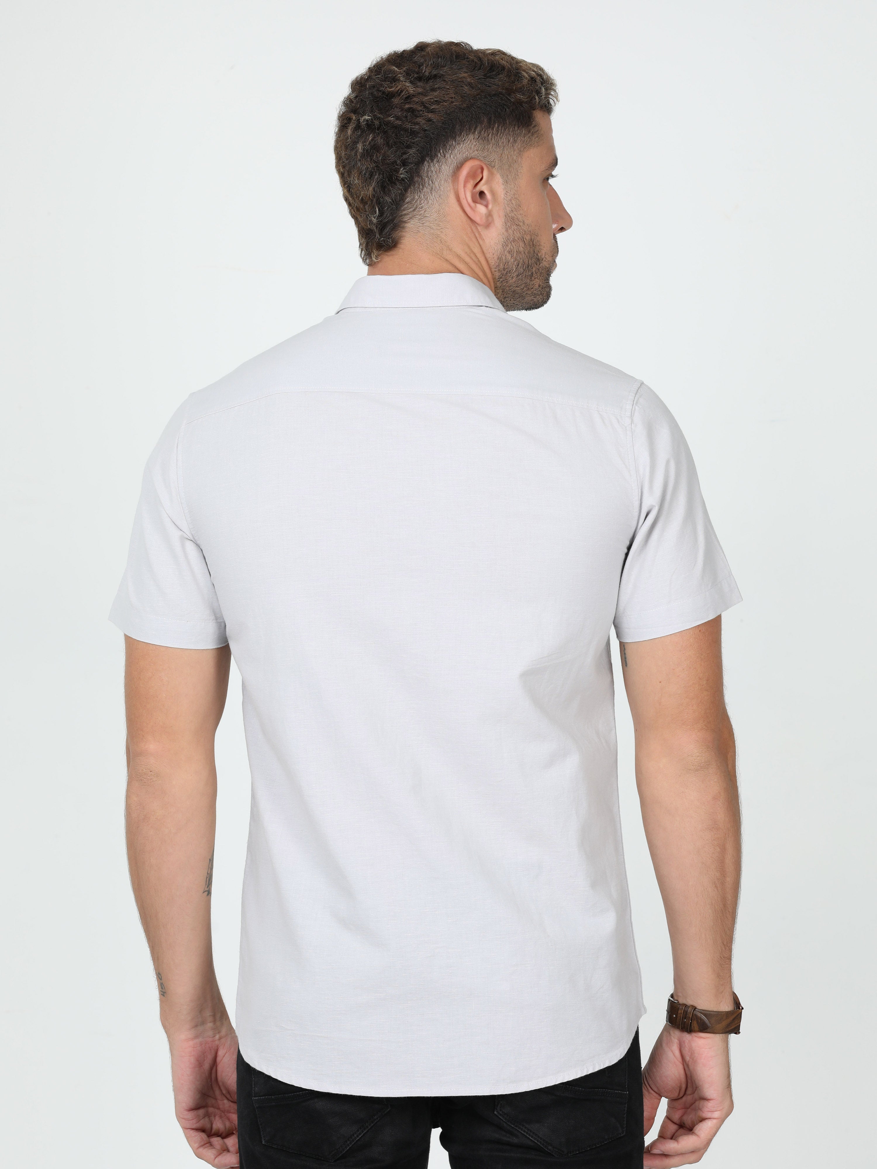 Classic Polo Mens Linen Cotton Half Sleeve Slim Fit Polo Neck Grey Color Woven Shirt | Linen - 26 A-HS-SLD-SF