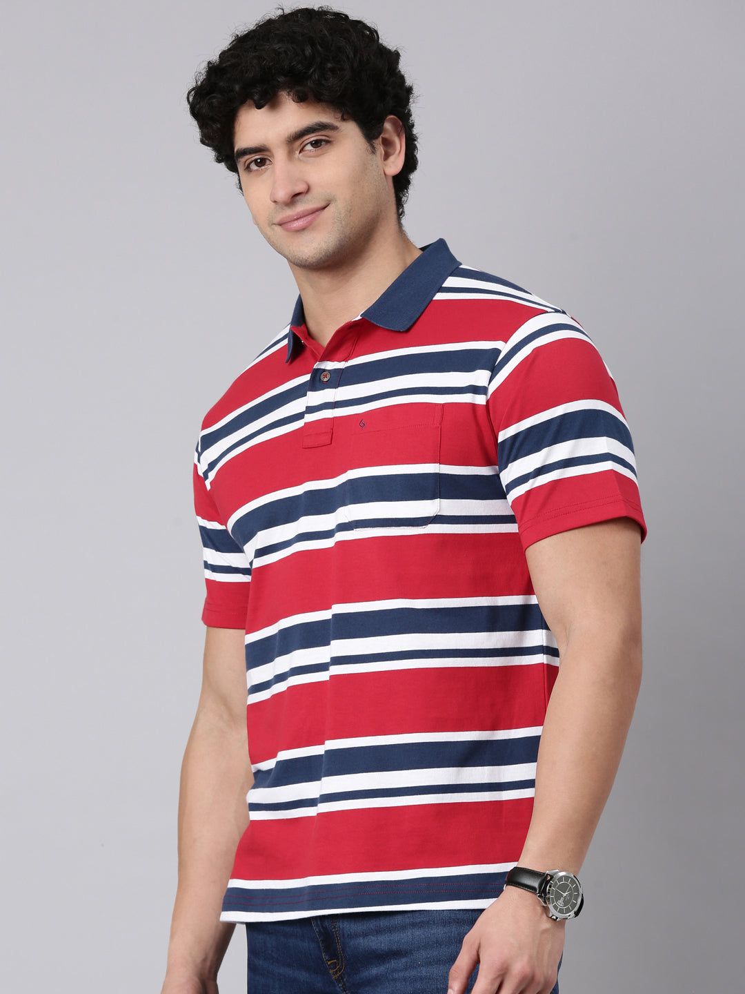 Classic Polo Men's Half Sleeve Red/White Polo Neck Authentic Fit Striped Cotton Blend T-Shirt | AVON - 661 A AF P