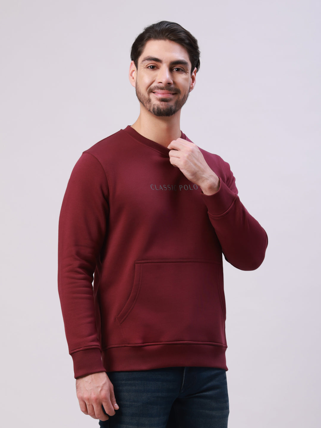 Classic Polo Men's Maroon Crew Neck Pull Over Solid Kangaroo Pocket Sweatshirt | CPSS - 513 A
