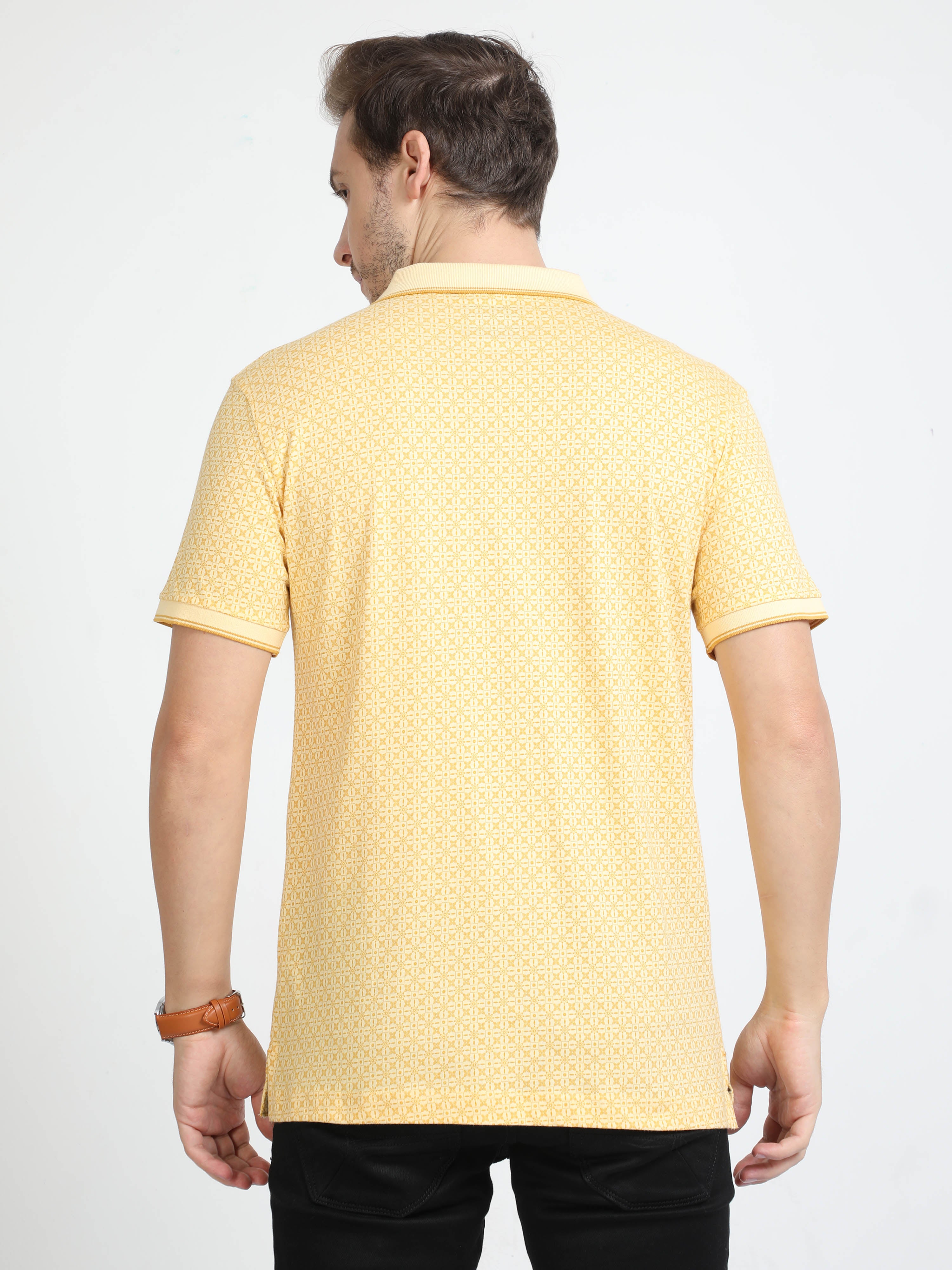 Classic Polo Mens Pure Cotton Half Sleeves Printed Slim Fit Polo Neck Yellow Color T-Shirt | Bello - 219 A Sf P