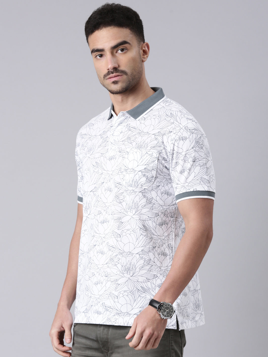 Classic Polo Men's Half Sleeve White/Grey Polo Neck Slim Fit All Over Print Cotton T-Shirt | LTS-AOP - 99 B SF P