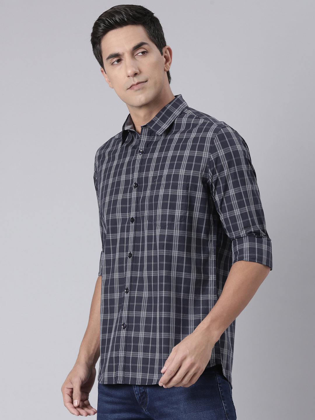 Classic Polo Men's Black/White Polo Neck Checked Cotton Slim Fit Woven Shirt | LSHQ2-104 A-FS-CHK-SF