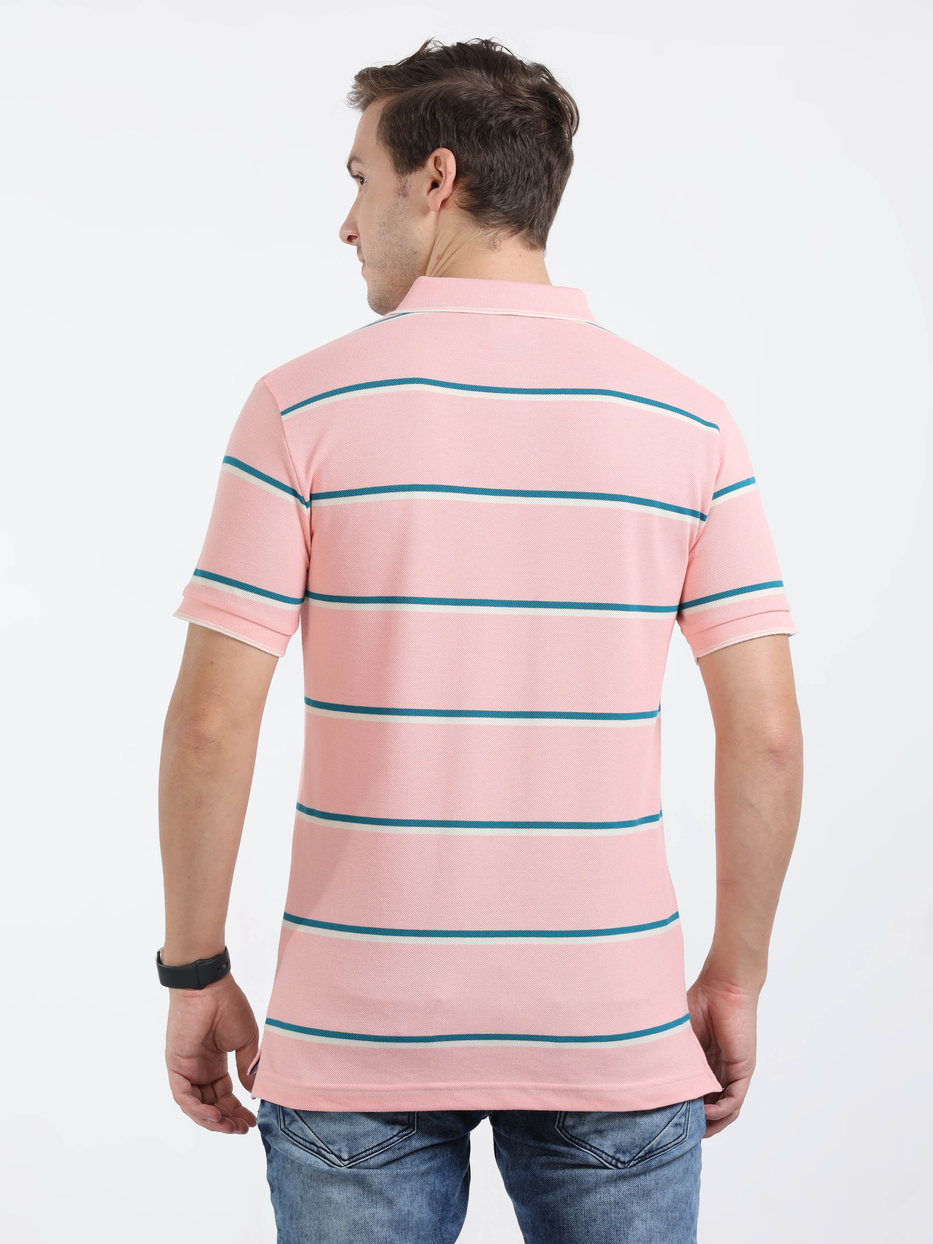 Classic Polo Mens Cotton Half Sleeves Striped Slim Fit Polo Neck Pink Color T-Shirt | Adore - 208 A Sf P