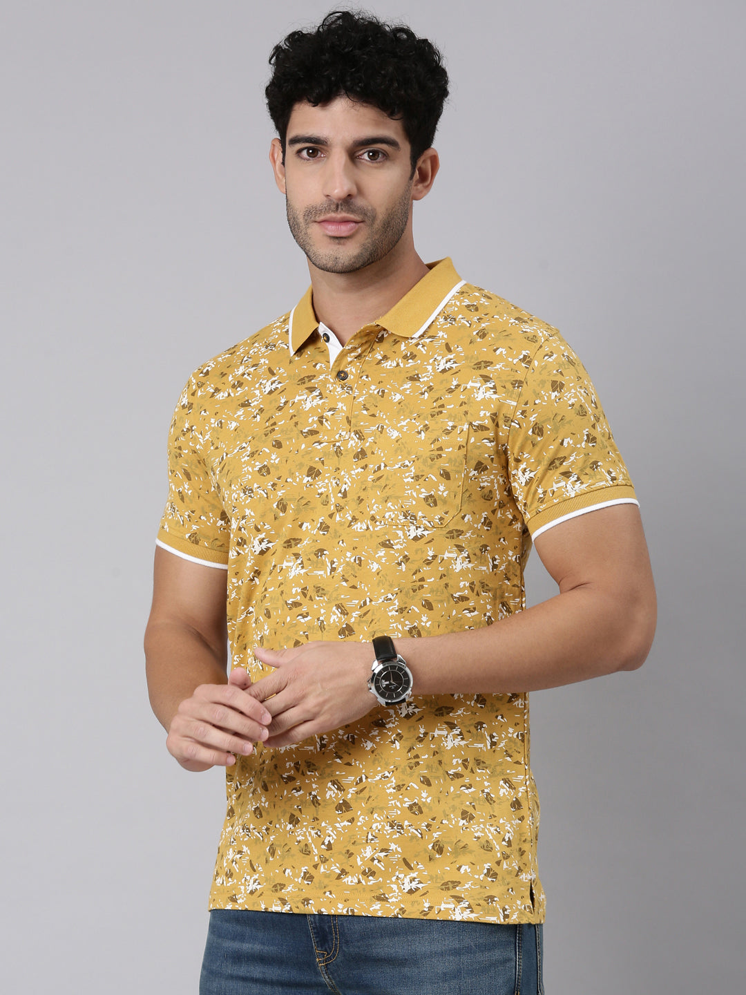 Classic Polo Men's Half Sleeve Mustard Yellow Polo Neck Slim Fit All-Over Print Cotton T-Shirt | LTS-AOP - 129 B SF P