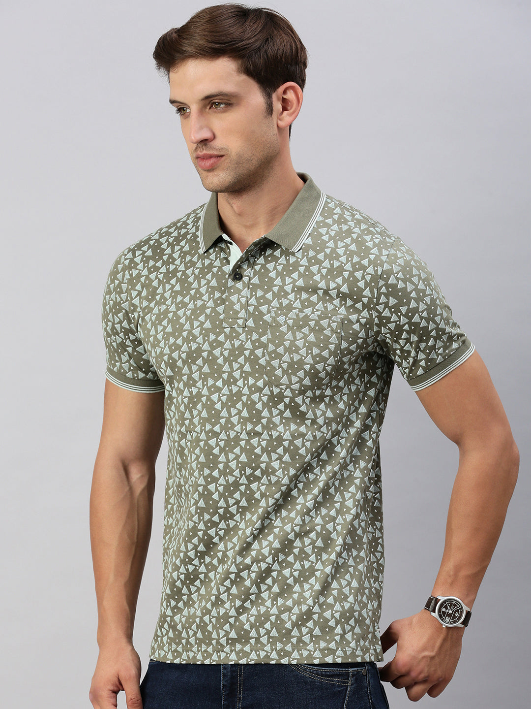 Classic Polo Men's Half Sleeve Olive/White Polo Neck Cotton Slim Fit T Shirt | BELLO - 293 B SF P