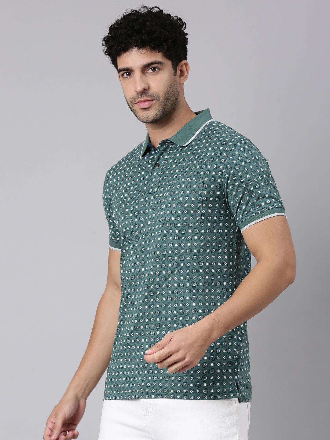 Classic Polo Men's Half Sleeve Green/White Polo Neck Slim Fit All-Over Print Cotton T-Shirt | BELLO - 395 B SF P