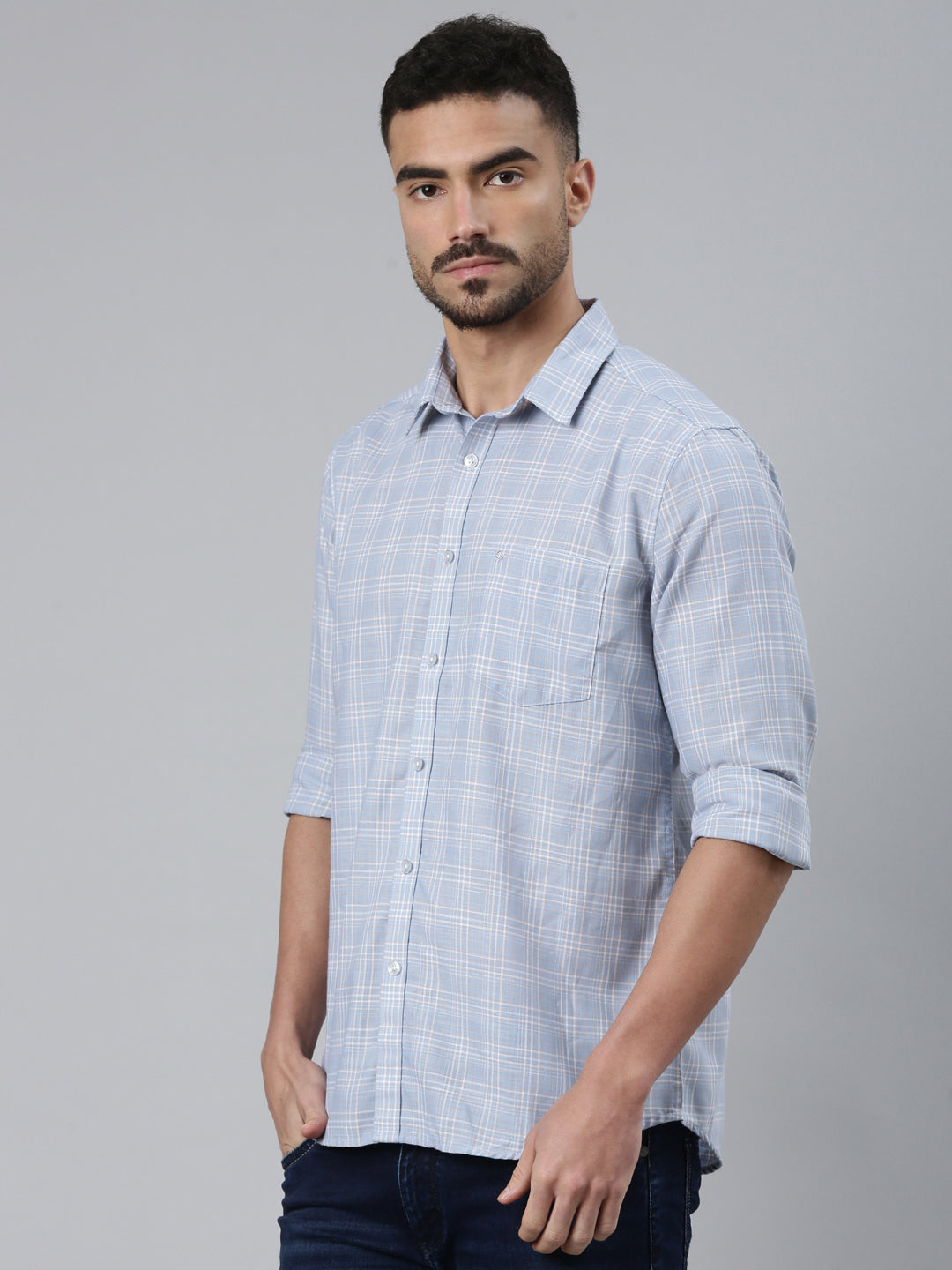 Classic Polo Men's Light Blue/White Polo Neck Checked Cotton Slim Fit Woven Shirt | SQ2-EL-61 B-FS-CHK-SF