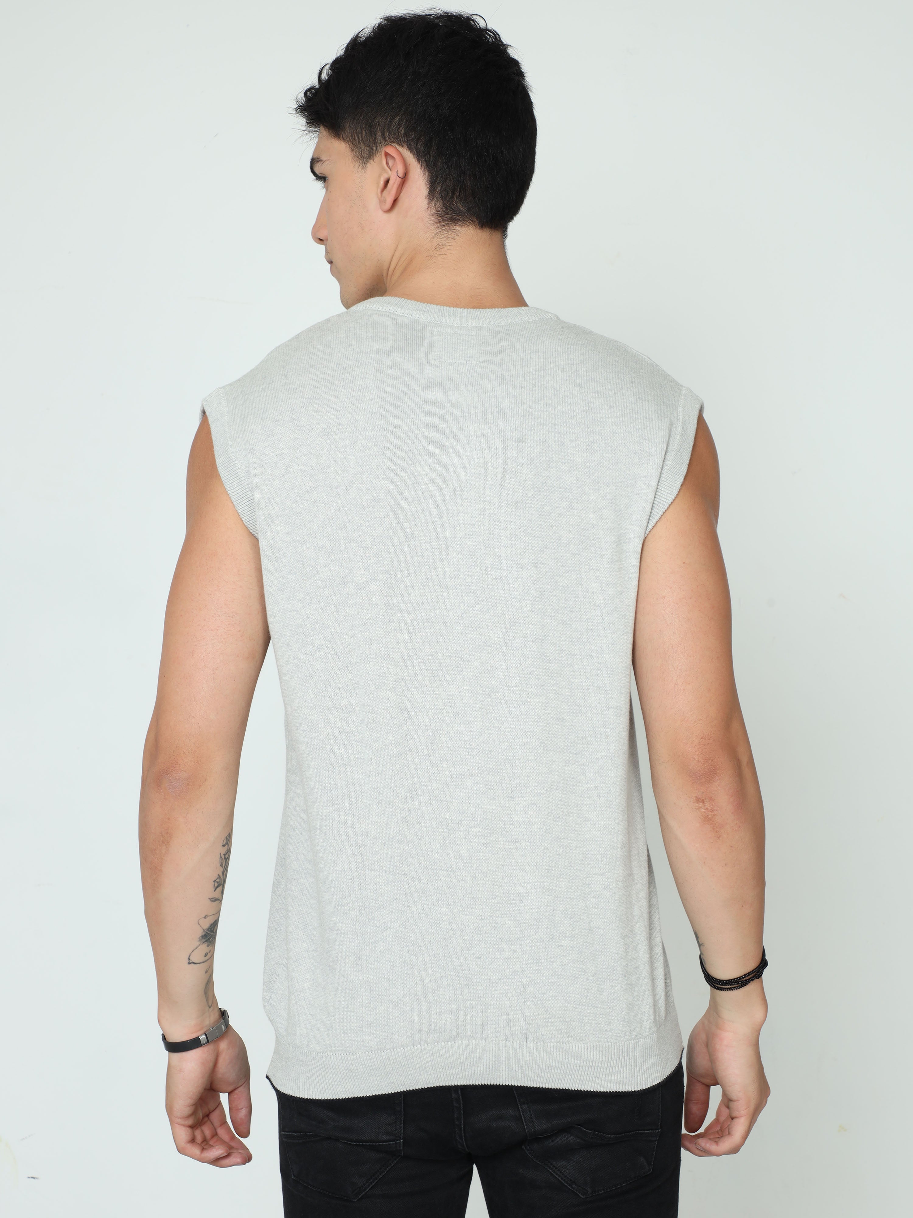 Classic Polo Mens 100% Cotton Grey Solid V Neck Sleeveless Slim Fit Sweater |Cp-Swt-11