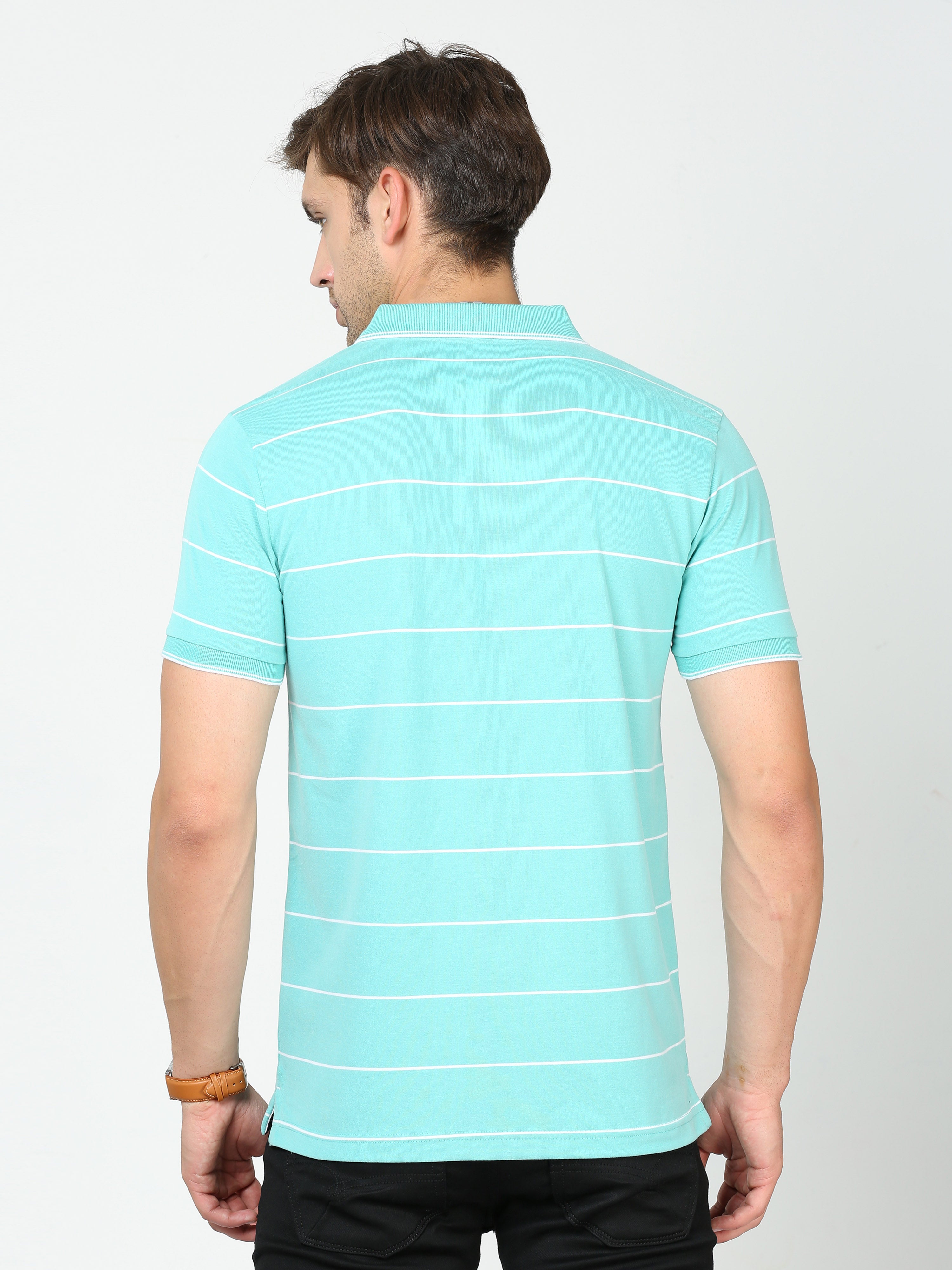 Classic Polo Mens Cotton Half Sleeves Striped Slim Fit Polo Neck Aqua Color T-Shirt | Cpeg - 306 B Sf P