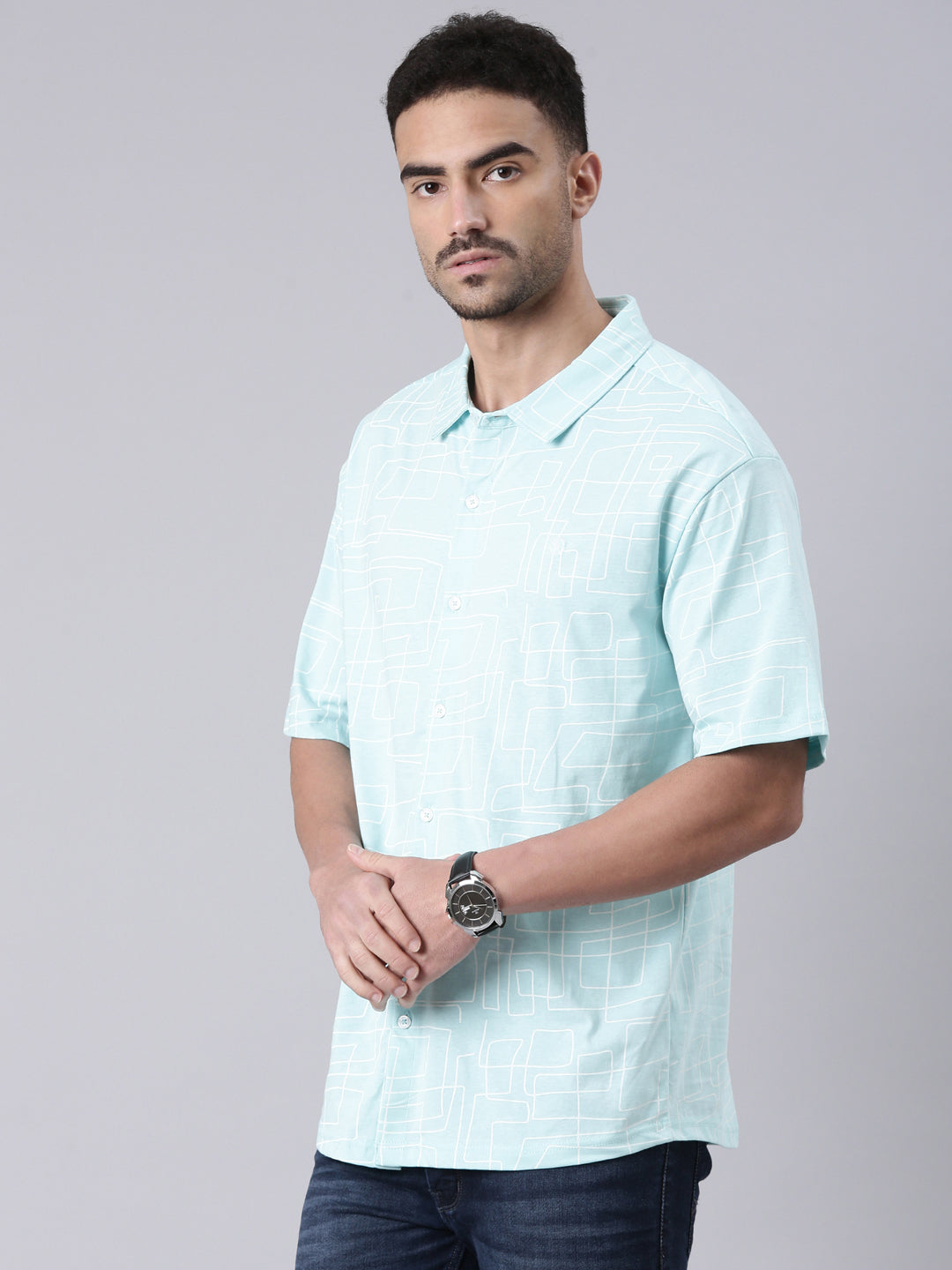 Classic Polo Men's Half Sleeve Lt.Blue/White Polo Neck All Over Print Cotton Drop Shoulder Knitted Shirt | GEN-X-KSH 14 A SH HS