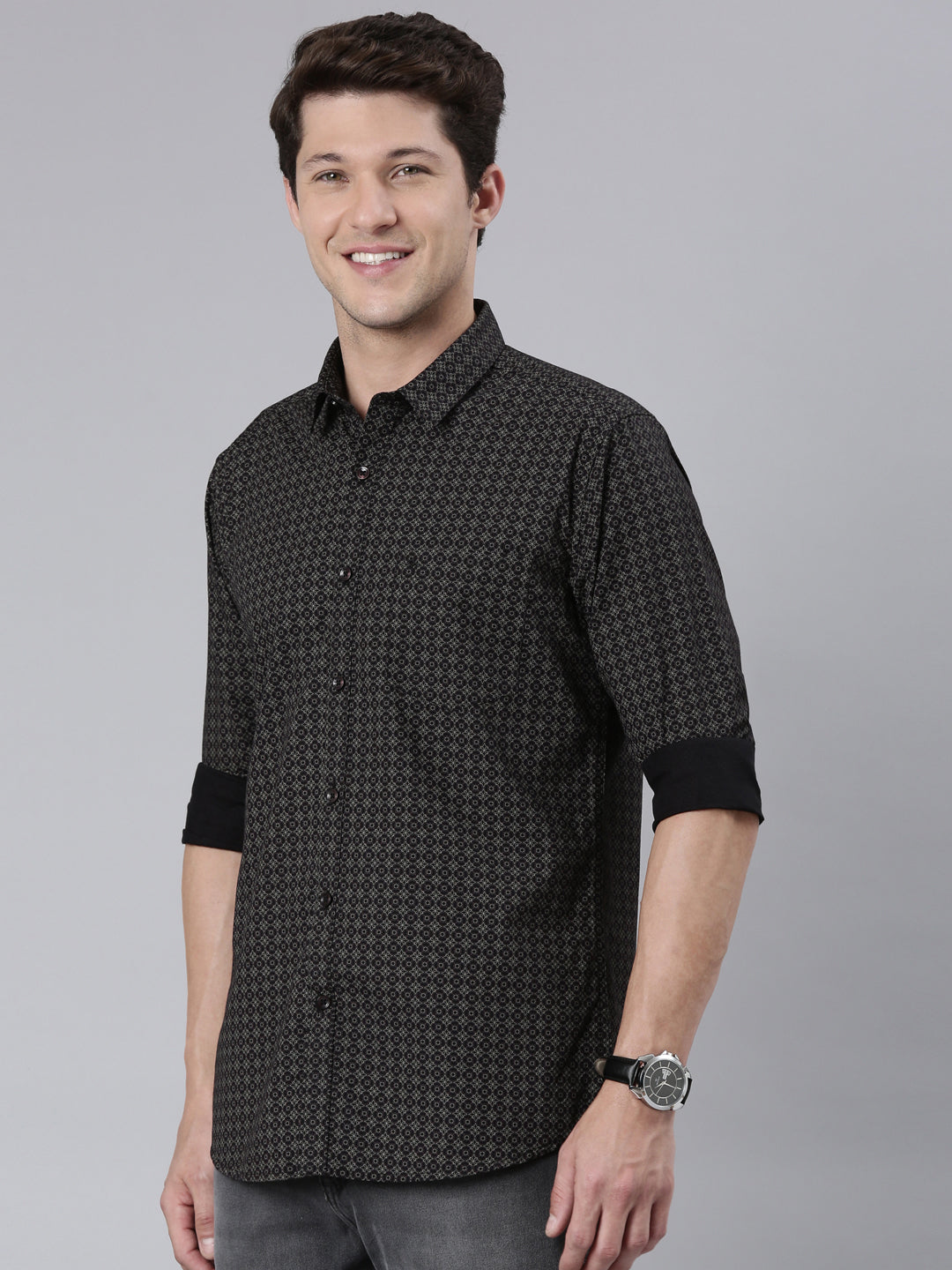 Classic Polo Men's Full Sleeve Black/Grey Polo Neck 100% Cotton Slim Fit Shirt | SP2-CL-58 A-FS-PRT-SF