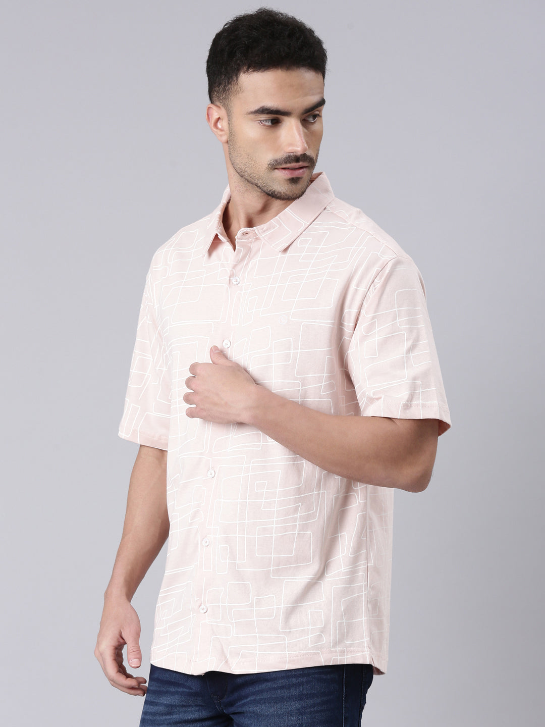 Classic Polo Men's Half Sleeve Lt.Peach/White Polo Neck All Over Print Cotton Drop Shoulder Knitted Shirt | GEN-X-KSH 14 B SH HS