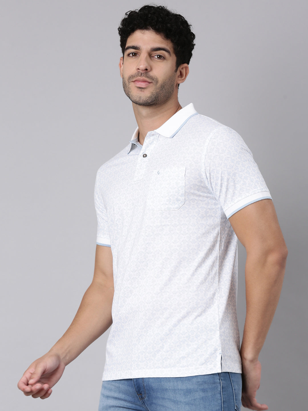 Classic Polo Men's Half Sleeve White Polo Neck Slim Fit All-Over Print Cotton T-Shirt | BELLO - 393 A SF P