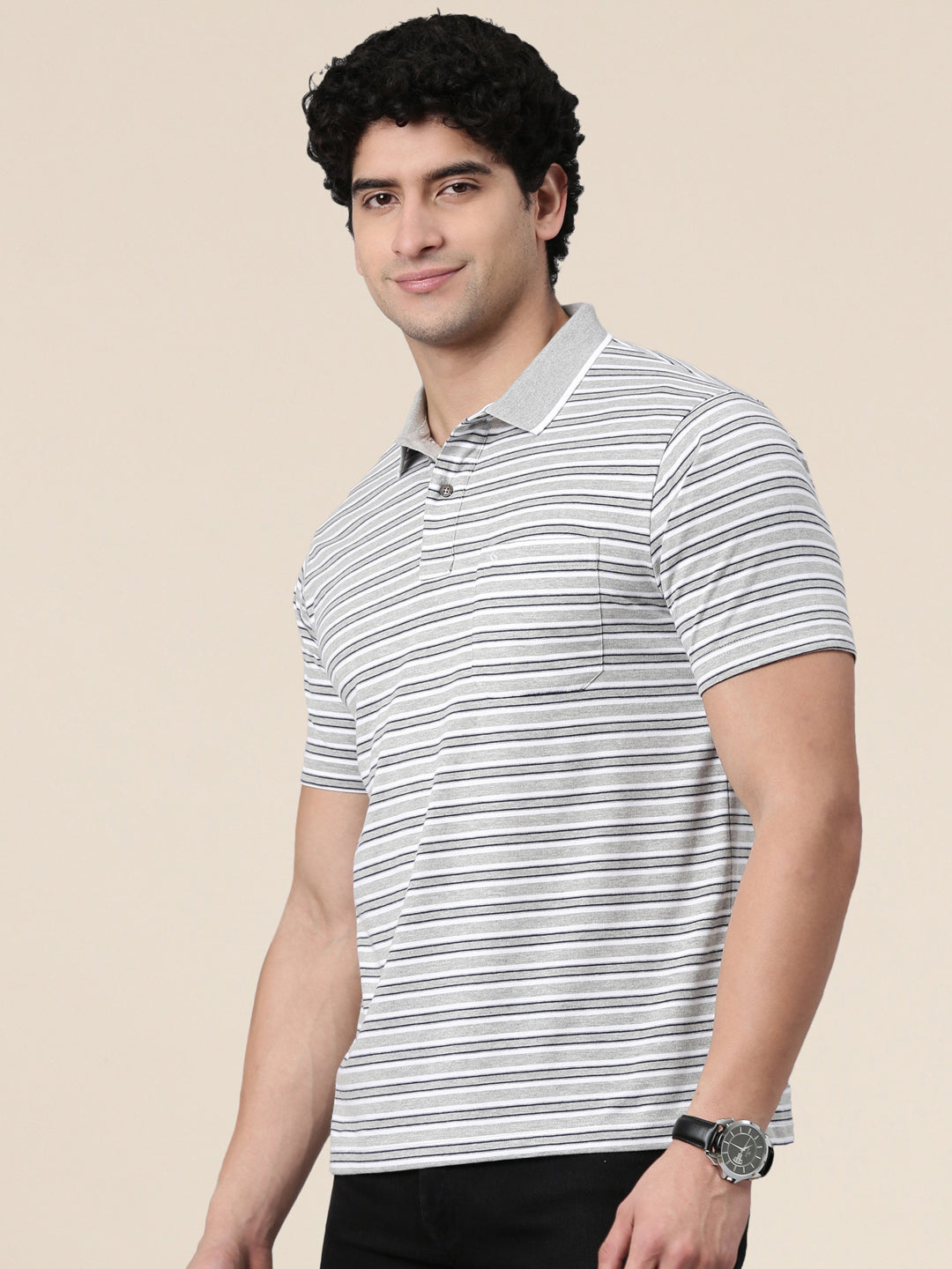 Classic Polo Men's Half Sleeve Grey/White Polo Neck Authentic Fit Striped Cotton Blend T-Shirt | FEEDERS - 312 B AF P