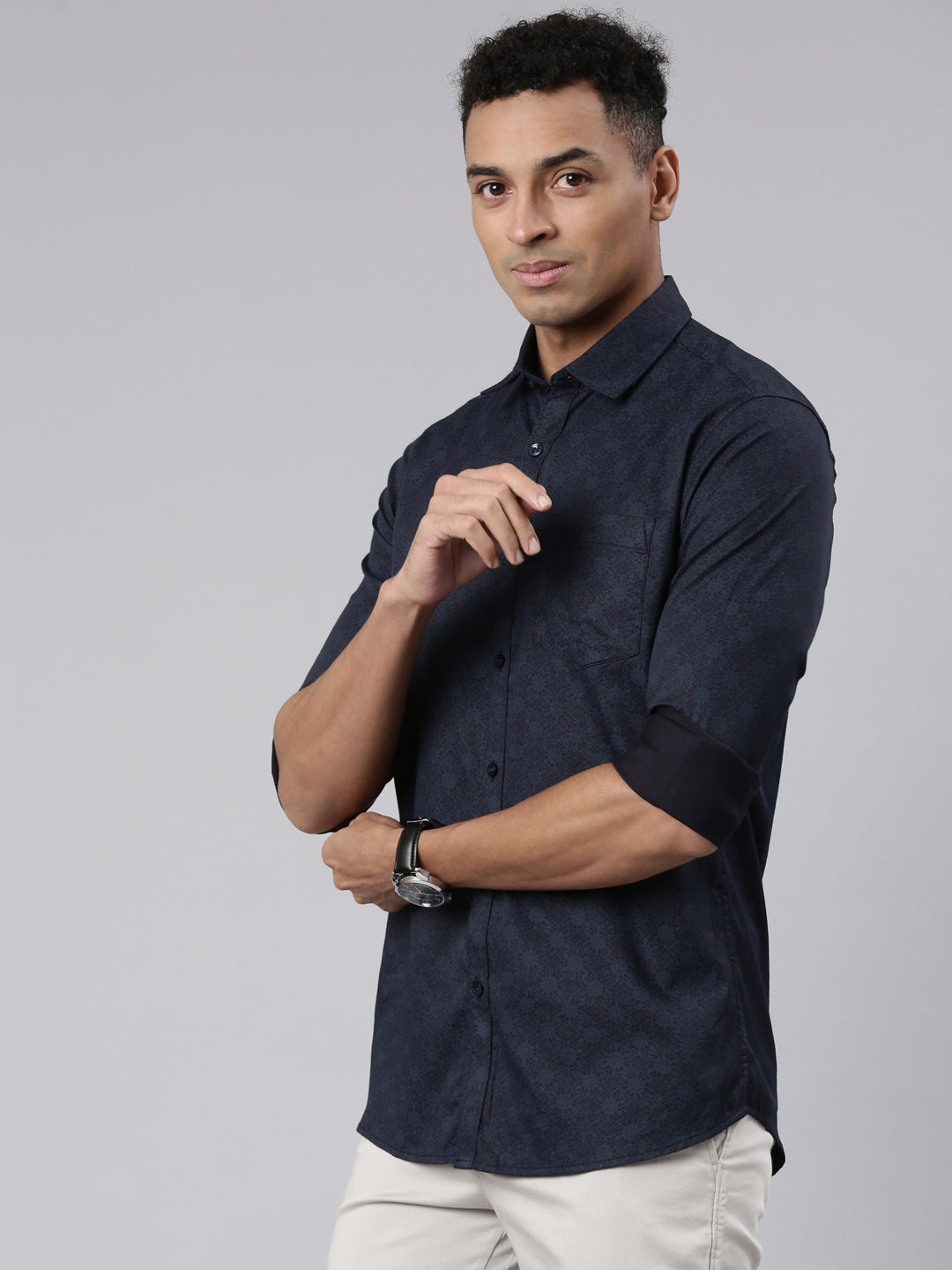 Classic Polo Men's Full Sleeve Dark Grey Polo Neck Cotton Slim Fit Casual Shirt | SP2-147-PRT-SF FS