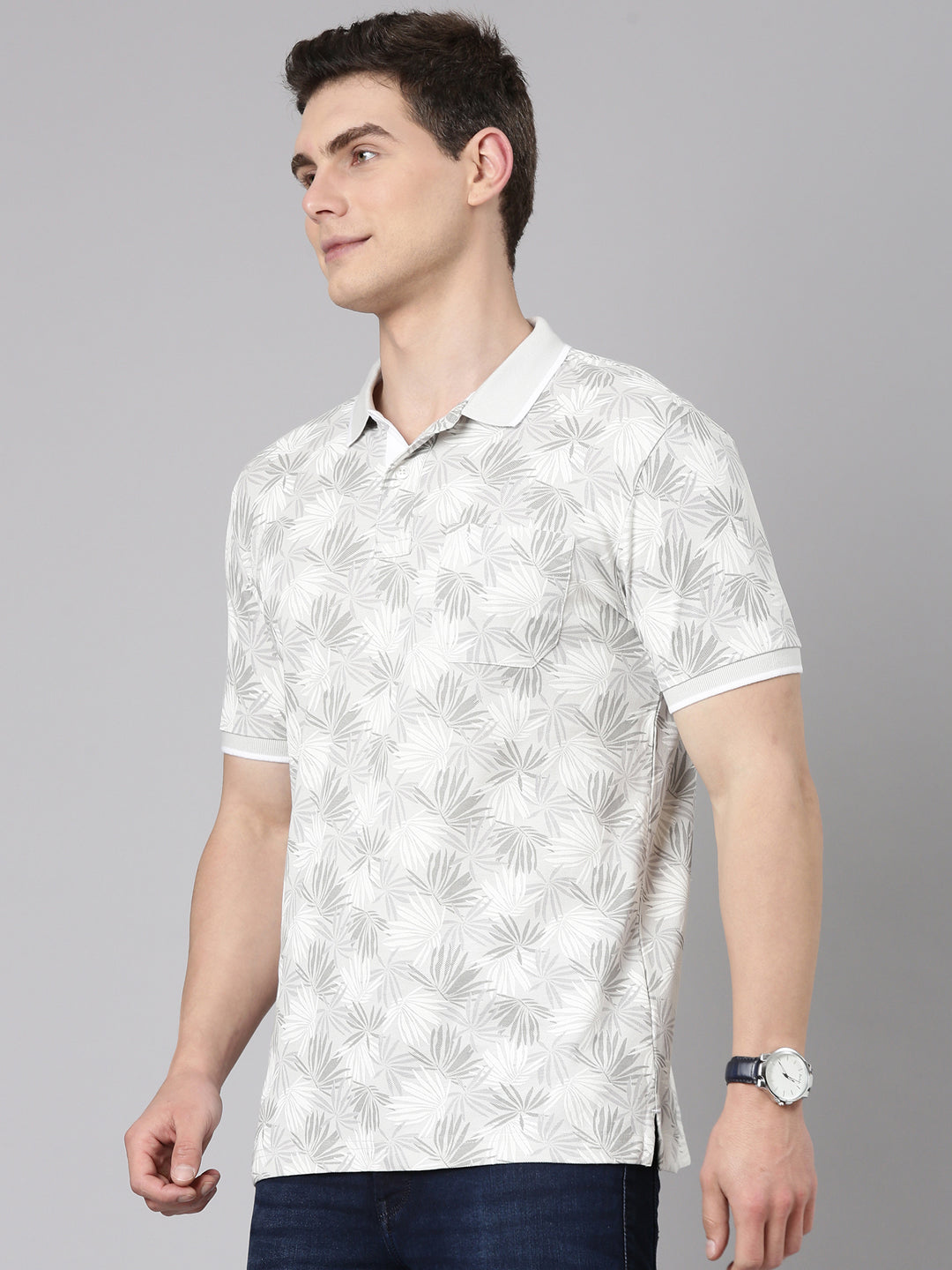 Classic Polo Men's Half Sleeve Grey/White Polo Neck Slim Fit All Over Print Cotton T-Shirt | BEAU - 284 A SF P