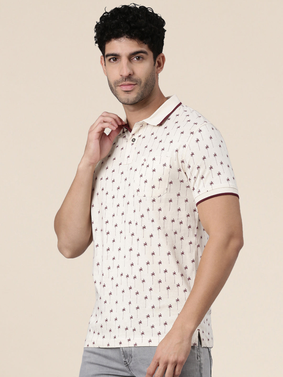 Classic Polo Men's Half Sleeve Off White/Maroon Polo Neck Slim Fit All-Over Print Cotton T-Shirt | BELLO - 390 A SF P