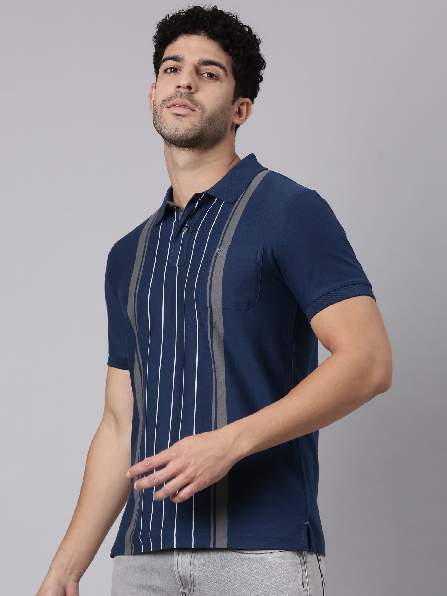 Classic Polo Men's Half Sleeve Navy Blue Polo Neck Slim Fit Striped Cotton Blend T-Shirt | VERTICS - 125 B SF P
