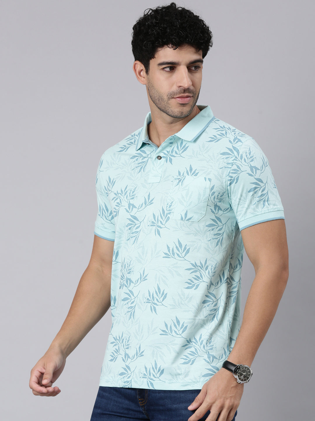 Classic Polo Men's Half Sleeve Light Green Polo Neck Slim Fit All-Over Print Cotton T-Shirt | BELLO - 398 B SF P