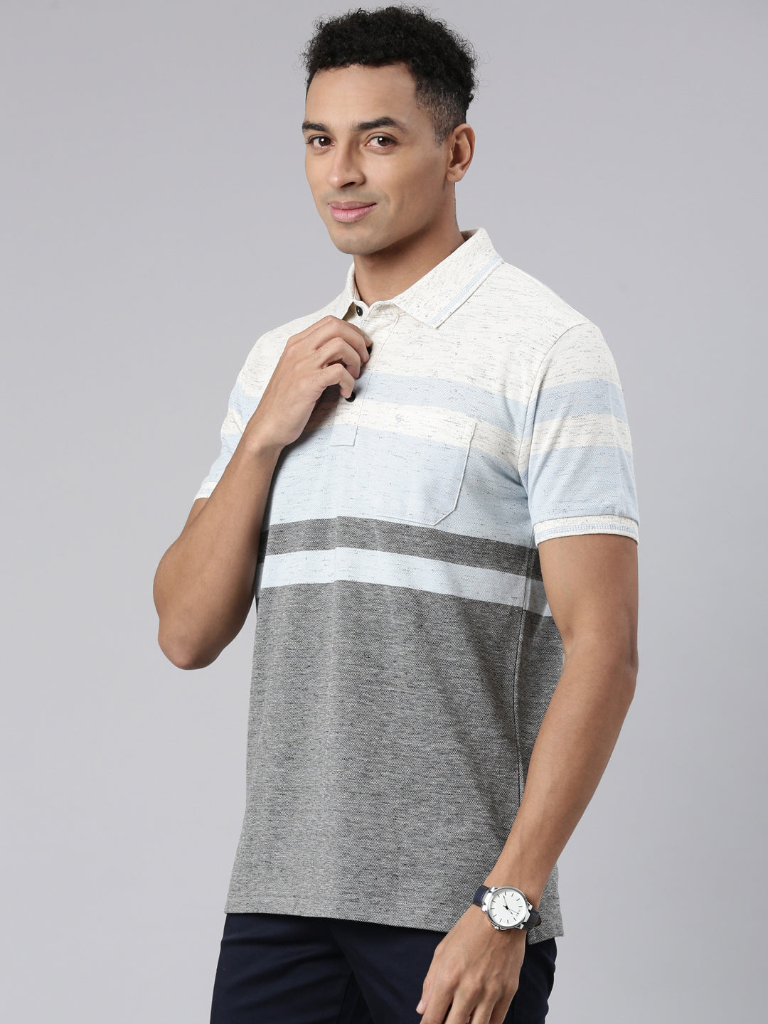 Classic Polo Men's Half Sleeve White/Blue Polo Neck Cotton Blend Slim Fit T-Shirt | VTA - 272 B SF P
