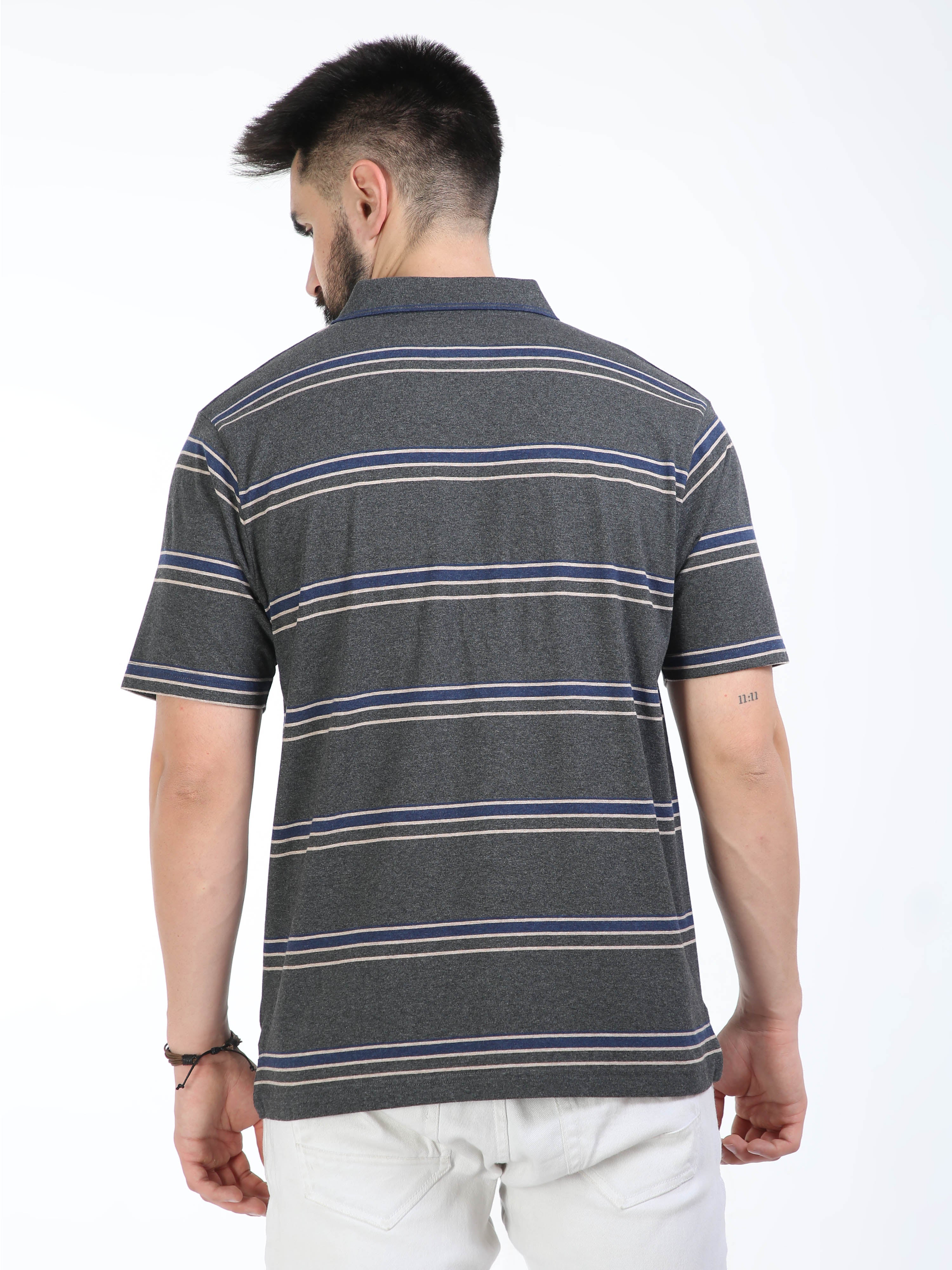 Classic Polo Mens Cotton Half Sleeves Striped Authentic Fit Polo Neck Grey Color T-Shirt | Mel - 241 B Af P